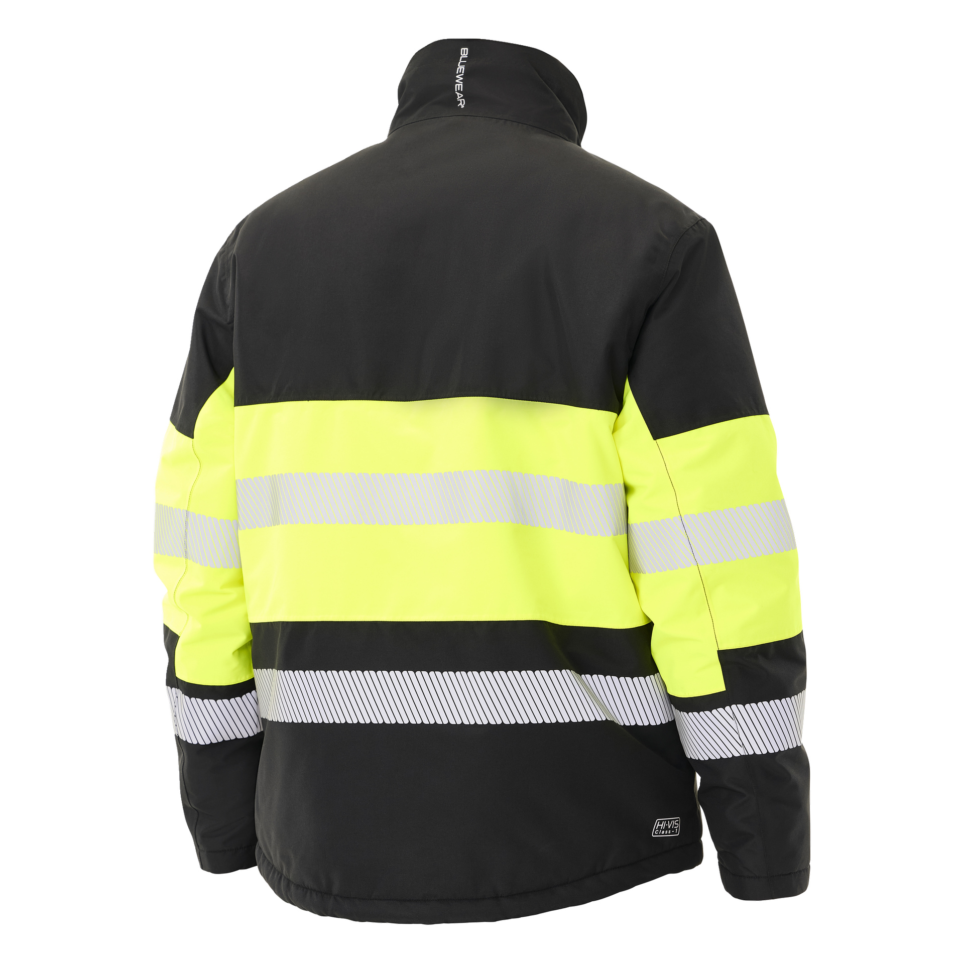 Bluewear Padded hid-vis jacket Lawson jest prezentowana od tyłu w czerni i żółci, z dwoma poziomymi odblaskowymi pasami i wysokim kołnierzem.