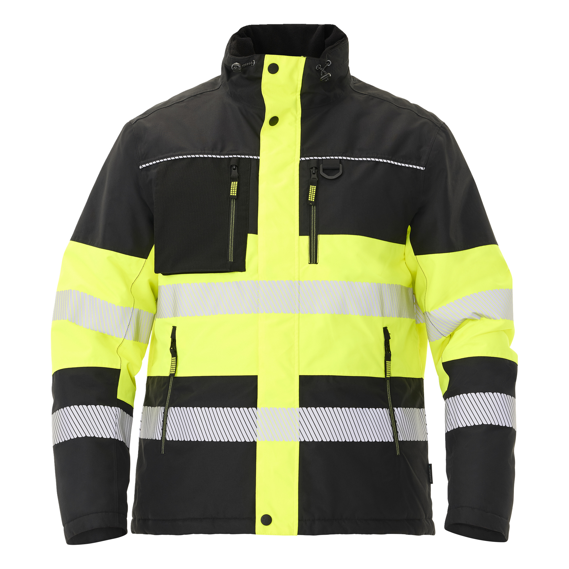 Bluewear Padded hi-vis -takki Lawson esittelee mustia ja neonkeltaisia osia, joissa heijastavat raidat kulkevat sekä vaakasuunnassa että pystysuunnassa. Siinä on useita vetoketjullisia taskuja ja korkea kaulus.