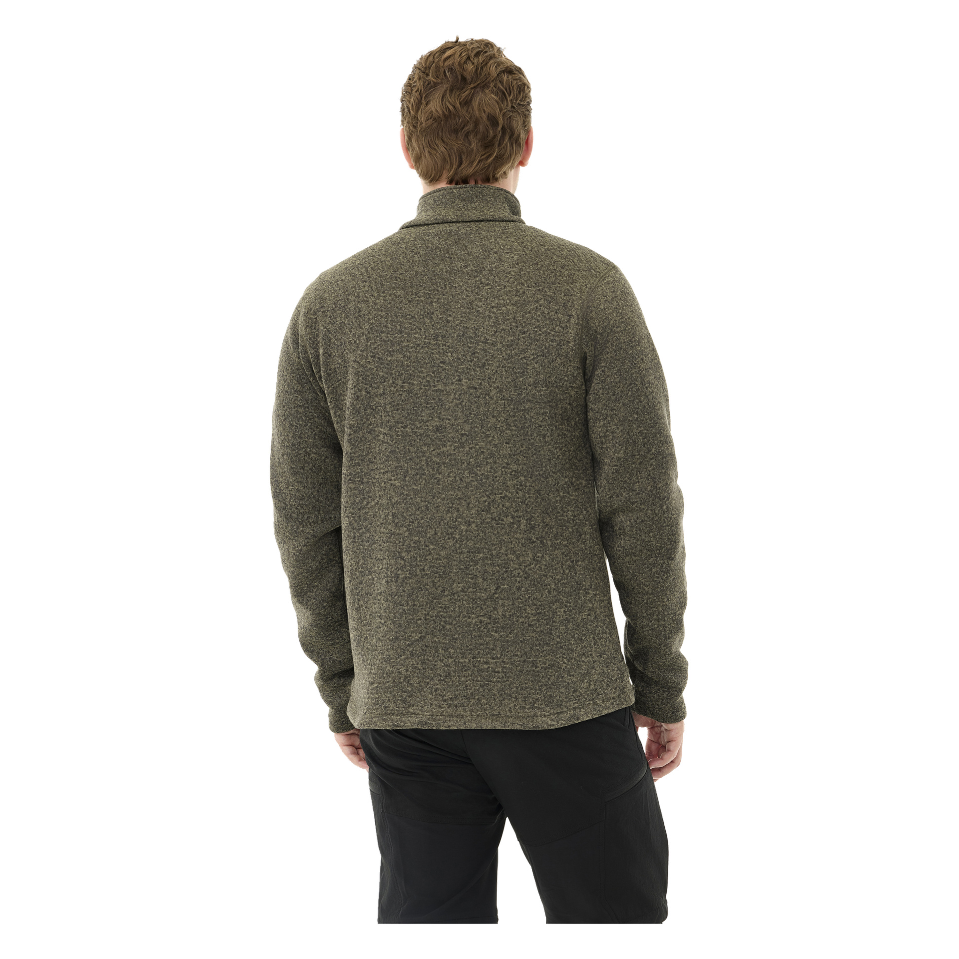 En person med kort, lysebrunt hår står med ryggen til kameraet, iført en olivengrønn Kayoba Outdoor Knitted fleecejakke for menn Malå og svarte bukser.