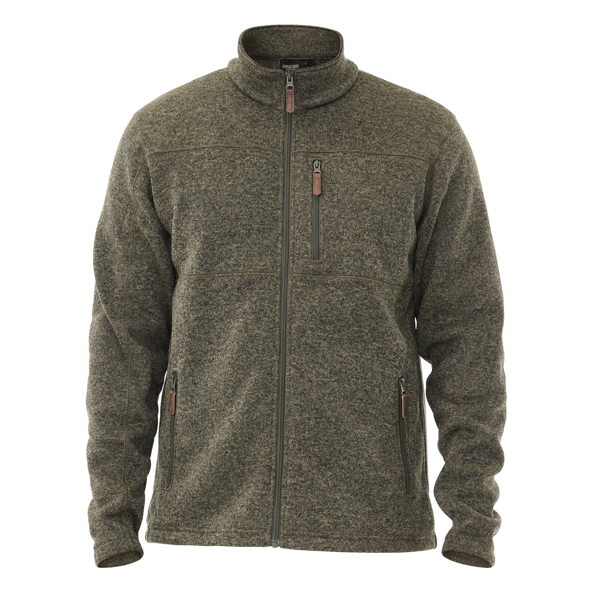 En frontvisning av Kayoba Outdoor Knitted fleecejakke for menn i Malå, som viser frem dens grå farge, høye krage, glidelås i full lengde og tre glidelåslommer – én på brystet og to på hver side.