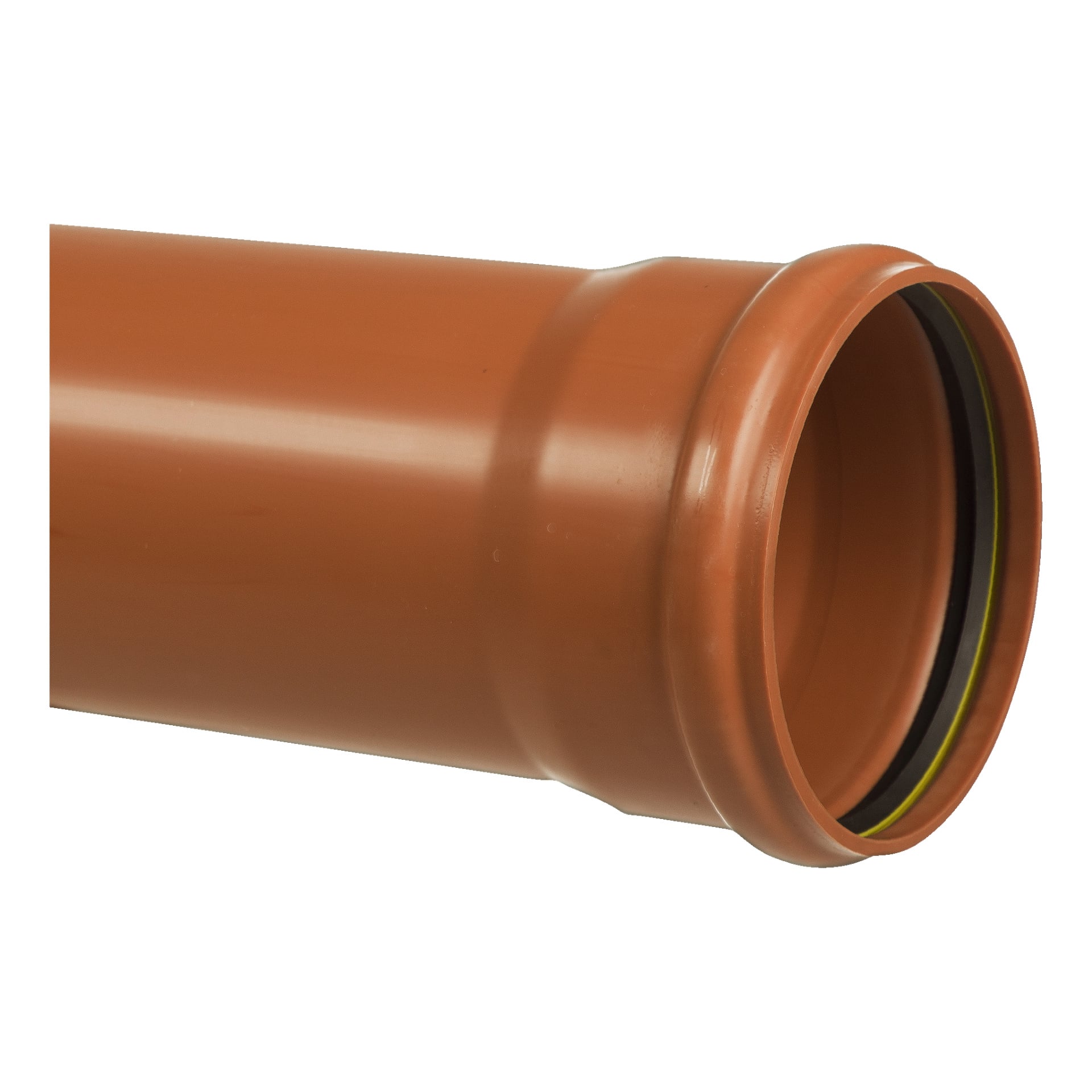 En detaljerad närbild av ett Terana-rör med en orange plastkropp, en bred utbredd öppning och en svart inre tätningsring, vanligtvis använd för VVS eller dräneringsapplikationer.
