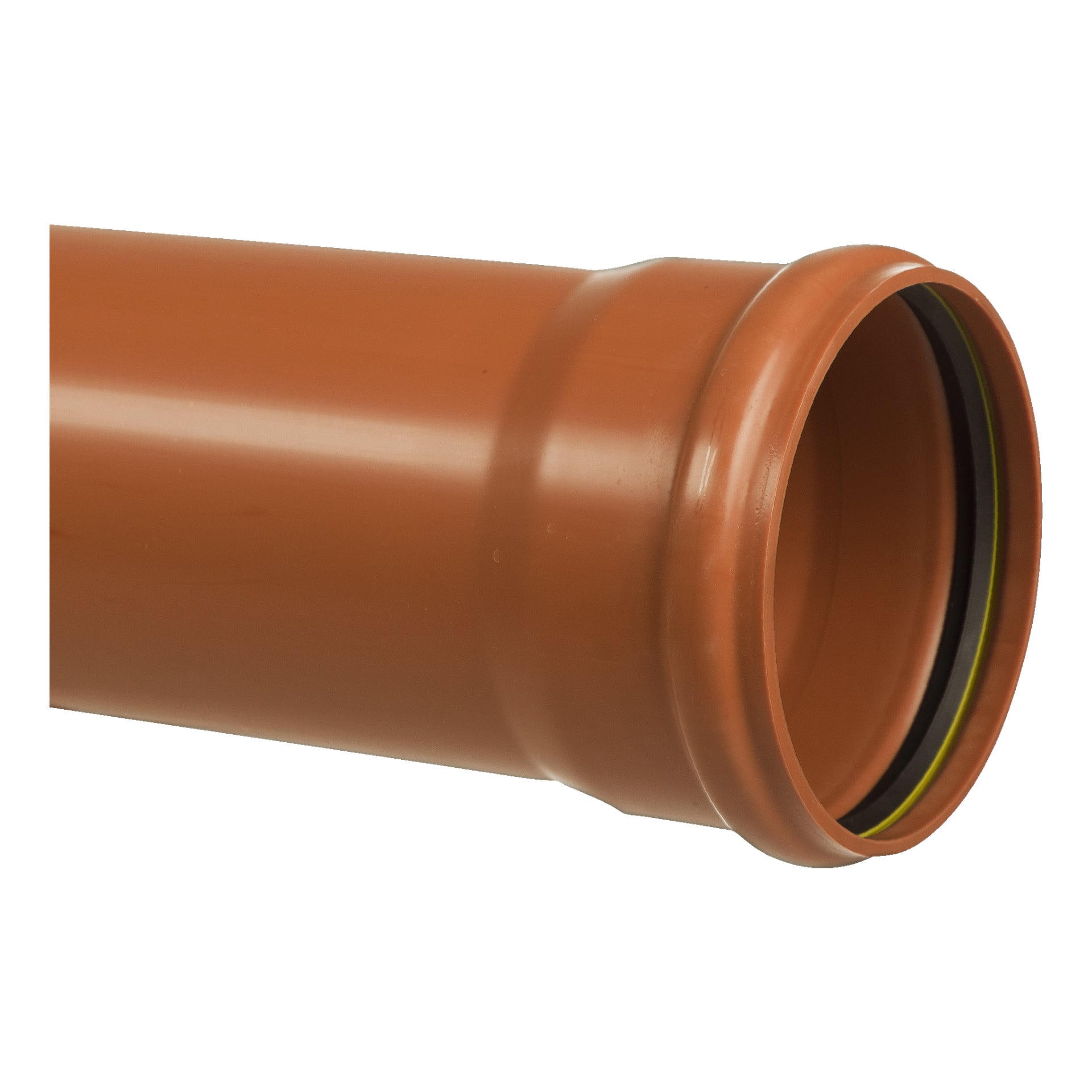 En närbild visar ett orange PVC-Terana-rör med en slät finish och en utbredd ände med en svart gummipackning. Röret är placerat horisontellt.