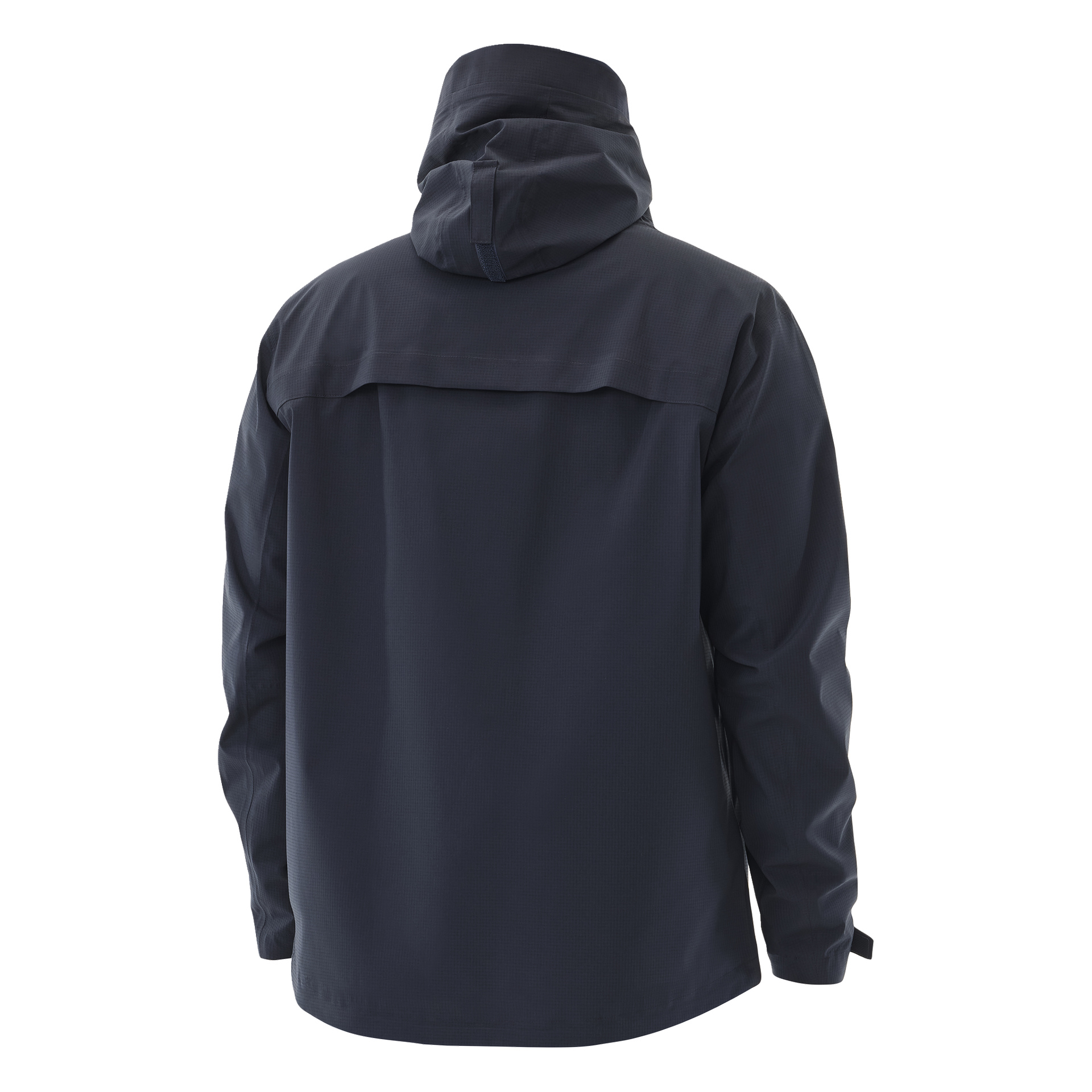 Baksiden av Kayoba Outdoor Men's Sarek shell-jakke i mørk marineblå viser de lange ermene, avslappede passformen, ventilasjonspanelet øverst bak og det enkle designet med minimale detaljer.