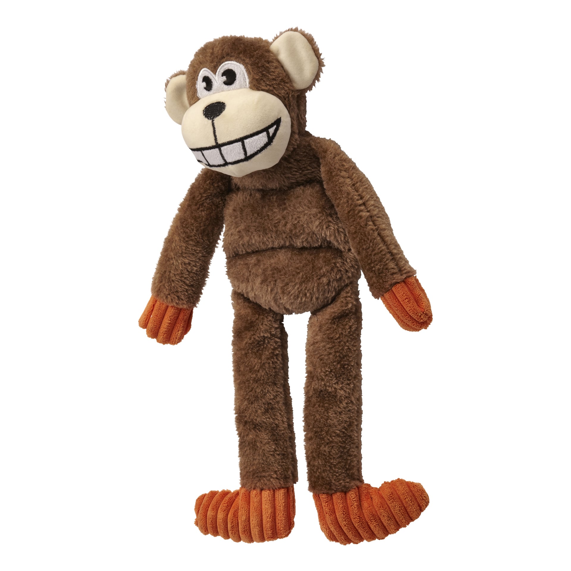 Kayoba Dog Toy Monkey är en mjuk leksak med en mjuk, luddig brun kropp, slappa armar och ben, runda ögon och ett stort vitt leende fullt av tänder. Dess händer och fötter är texturerade i orange, vilket bidrar till dess lekfulla utseende.