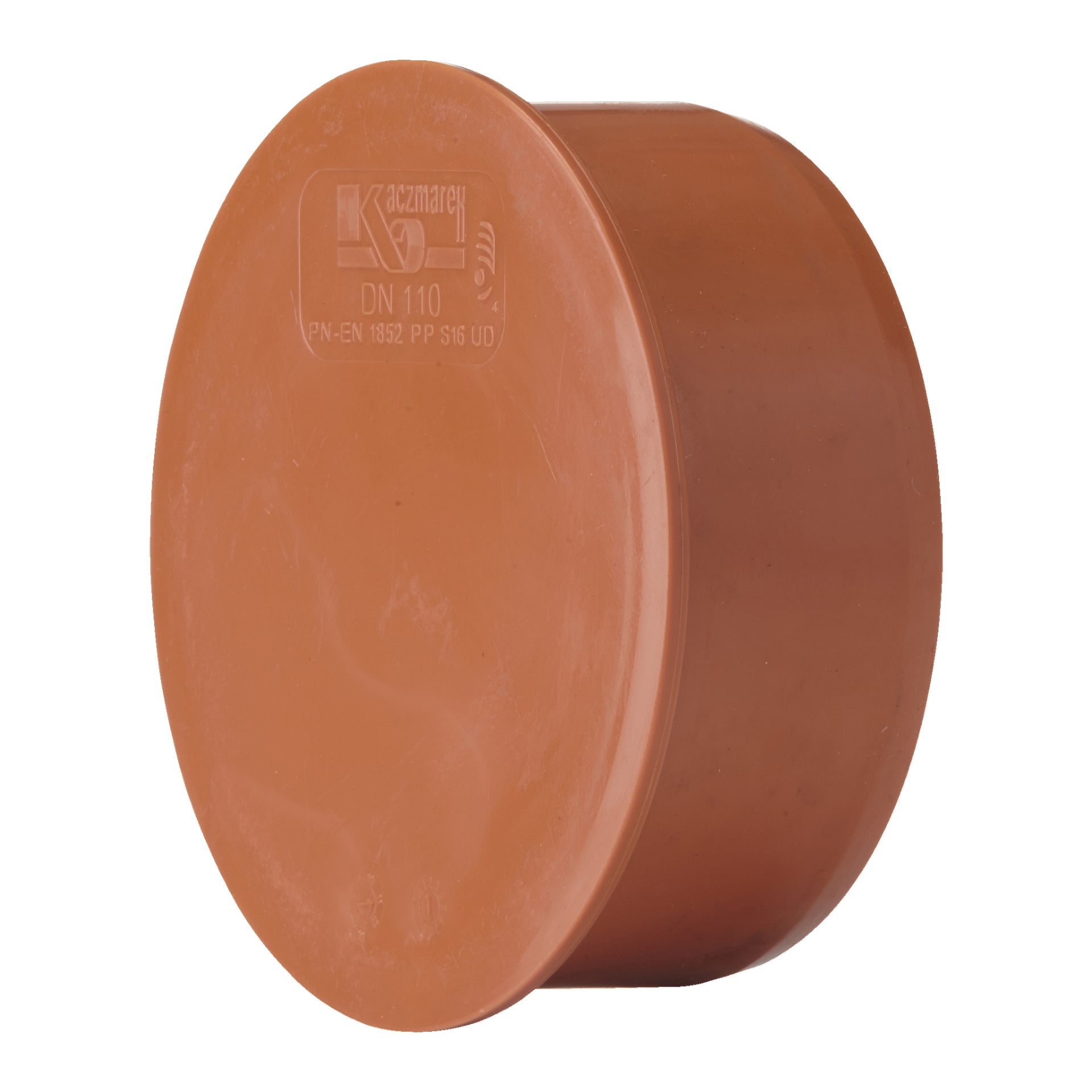 Ett orange plastlock med fasad kant och slät finish, gjort för att täcka änden av ett cylindriskt rör. Dess platta ansikte visar upphöjd branding och en logotyp.