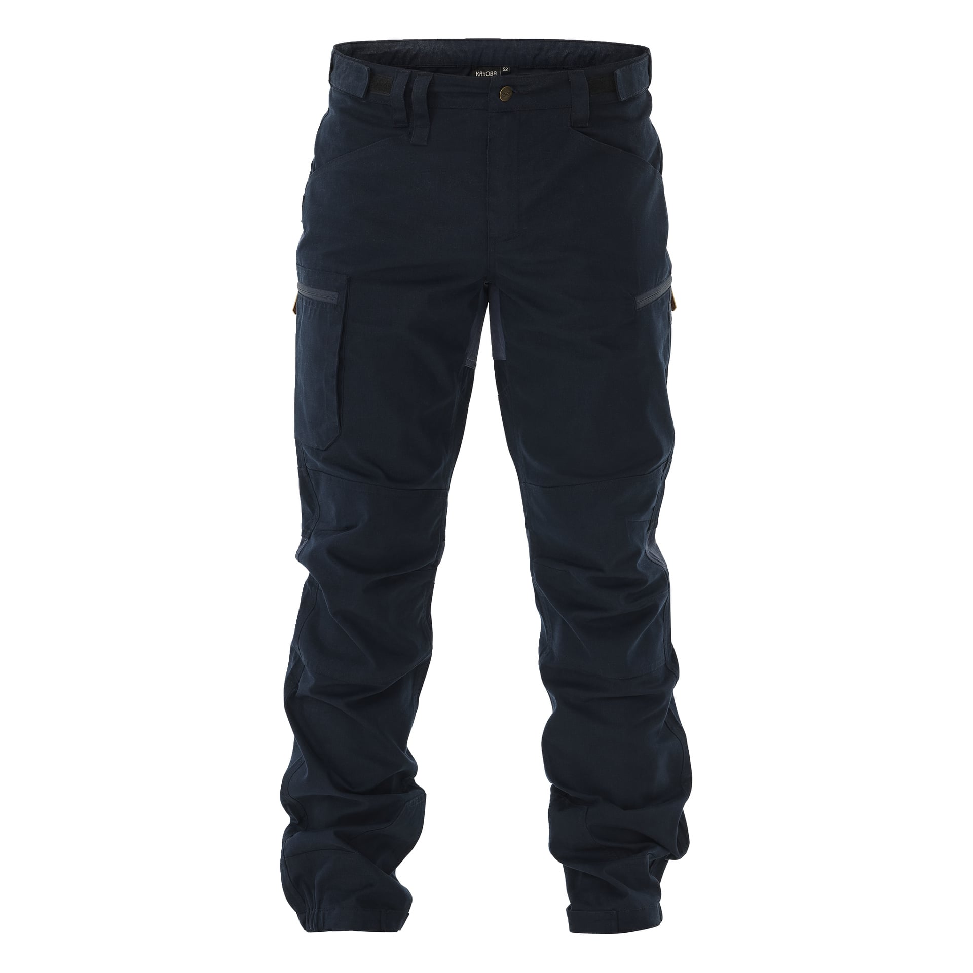 Eine dunkelblaue Kayoba Outdoor Herrenhose Älvdalen 2.0 mit mehreren Taschen, markanten Nähten und entspannter Passform.