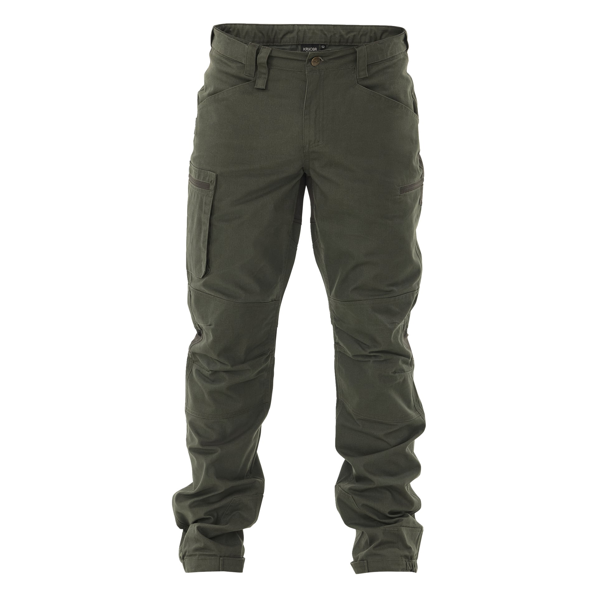 Spodnie Kayoba Outdoor Men Älvdalen 2.0 w kolorze oliwkowej zieleni, zaprojektowane z kieszeniami z przodu i z boku, wzmocnionymi panelami na kolanach, szluflami na pasek i rozporkiem na strum.