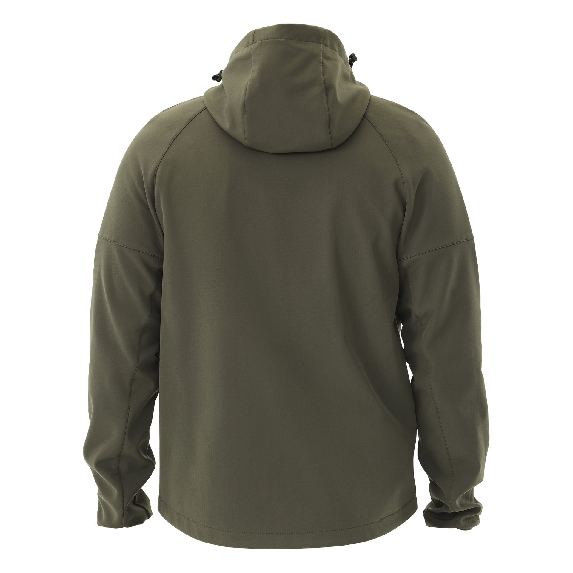 Takanäkymä Kayoba Outdoor Women's -fleecevuorillisesta pehmeäkuorisesta Hede-takista oliivinvihreänä, jossa on pitkät hihat, raglan-olkapäät ja säädettävät hupun nyörit. Takissa on sileä viimeistely ja rento istuvuus.