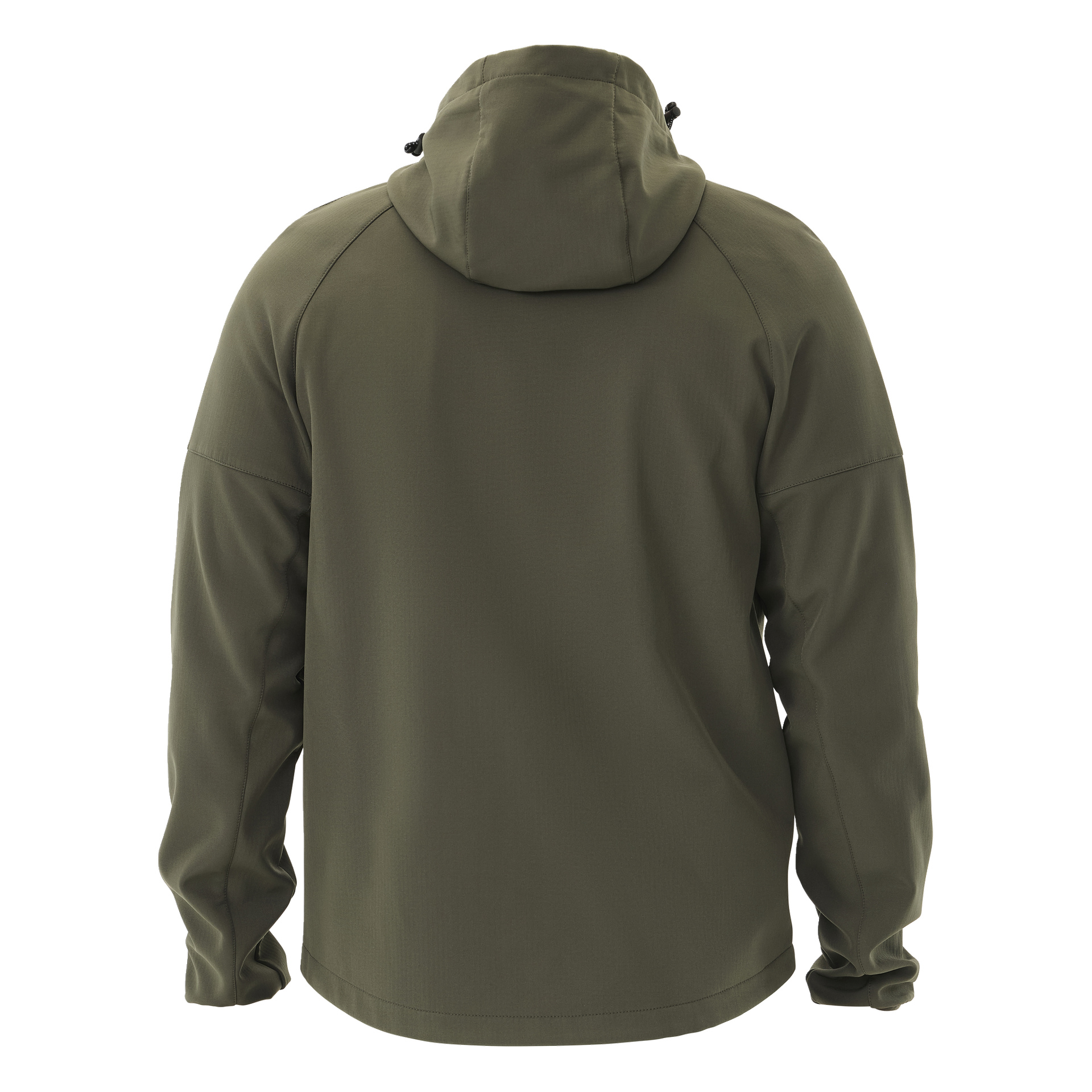 Rückansicht der Kayoba Outdoor Women's Hede, fleecegefütterten Softshelljacke in Olivgrün, mit langen Ärmeln, lockerer Passform, glattem Stoff und Kapuze mit verstellbaren Kordeln.