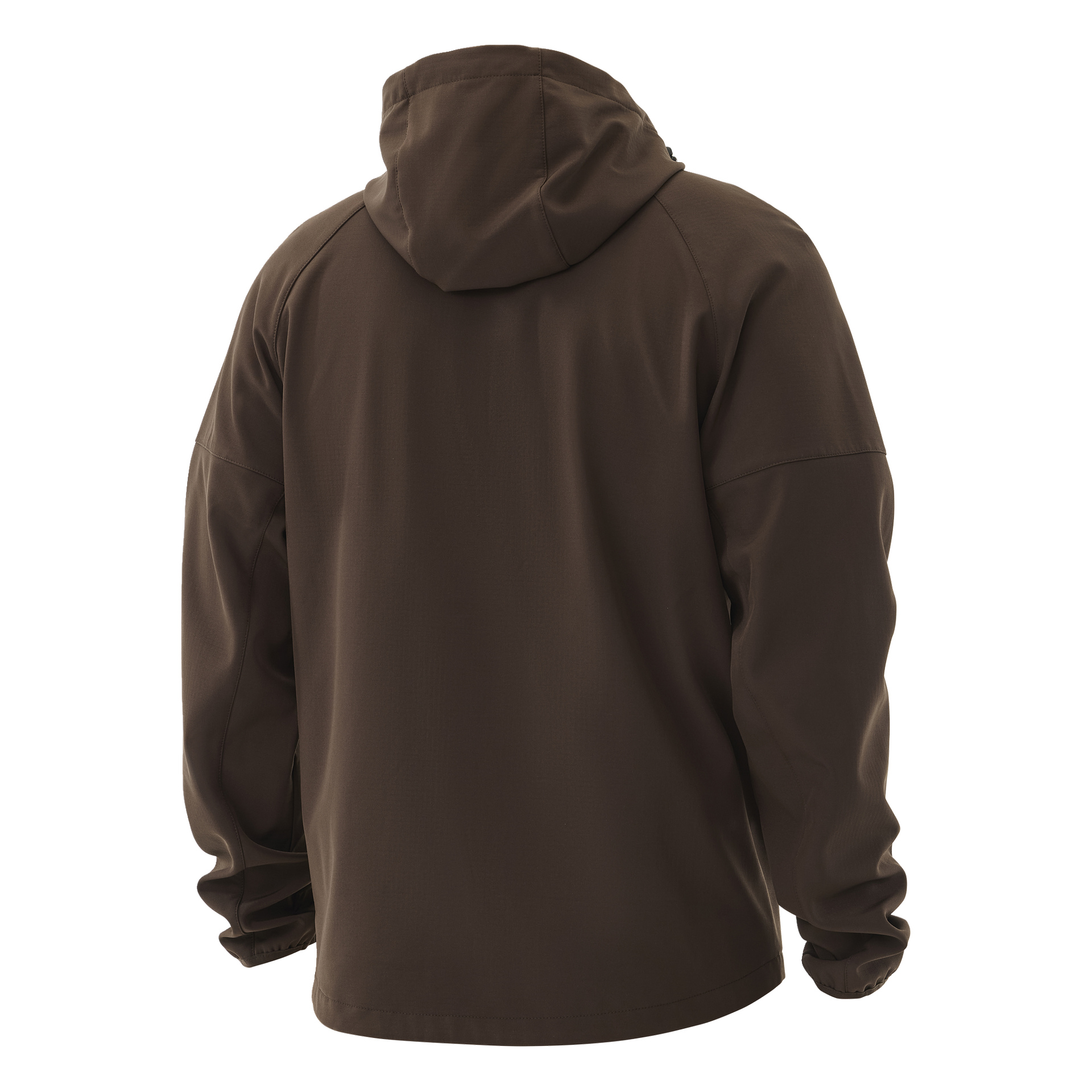 Die Kayoba Outdoor Women's Hede Softshell-Jacke wird von hinten in Braun präsentiert, mit langen Ärmeln, Kapuze und einer bequemen, entspannten Passform. Sie besteht aus glattem, mittelschwerem Stoff mit einem gemütlichen Fleecefutter für zusätzliche Wärme.