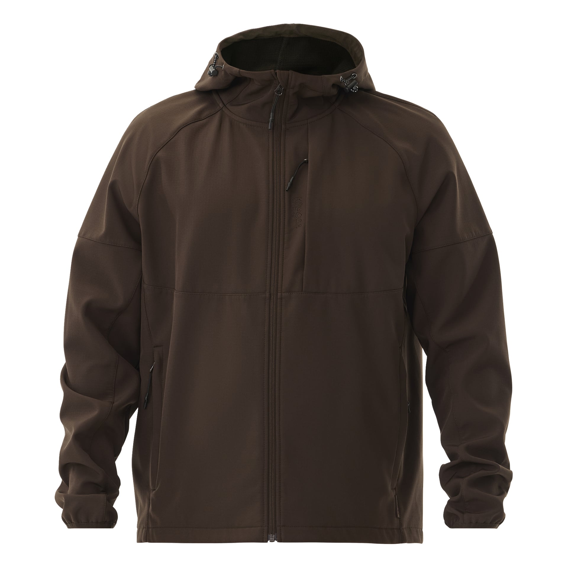Kayoba Outdoor Women's Hede -takki on ruskea, fleecevuorattu pehmeäkuori, jossa on etuvetoketju, kaksi vetoketjullista taskua sivuilla, raglan-hihat ja huppu voidaan säätää nyörillä.
