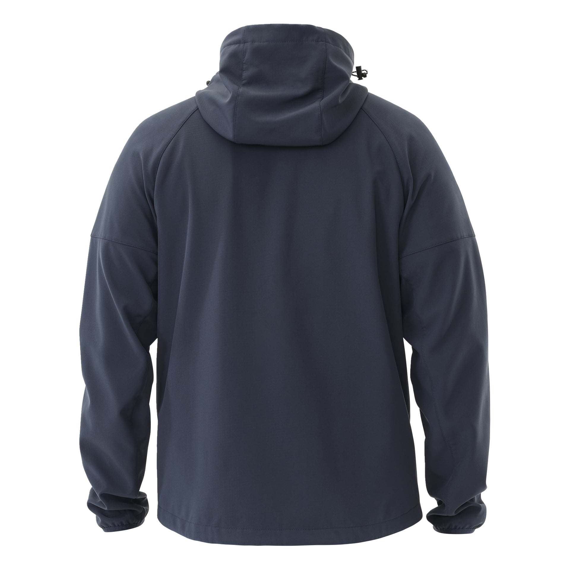 Kayoba Outdoor Women's Hede softshell -takki laivastonsinisenä näkyy takaa, paljastaen fleecevuoratun sisustan, hupun nyöreillä, pitkät hihat ja mukavan löysän istuvuuden. Kangas on sileää ja säänkestävää, ilman näkyviä logoja tai koristeita.