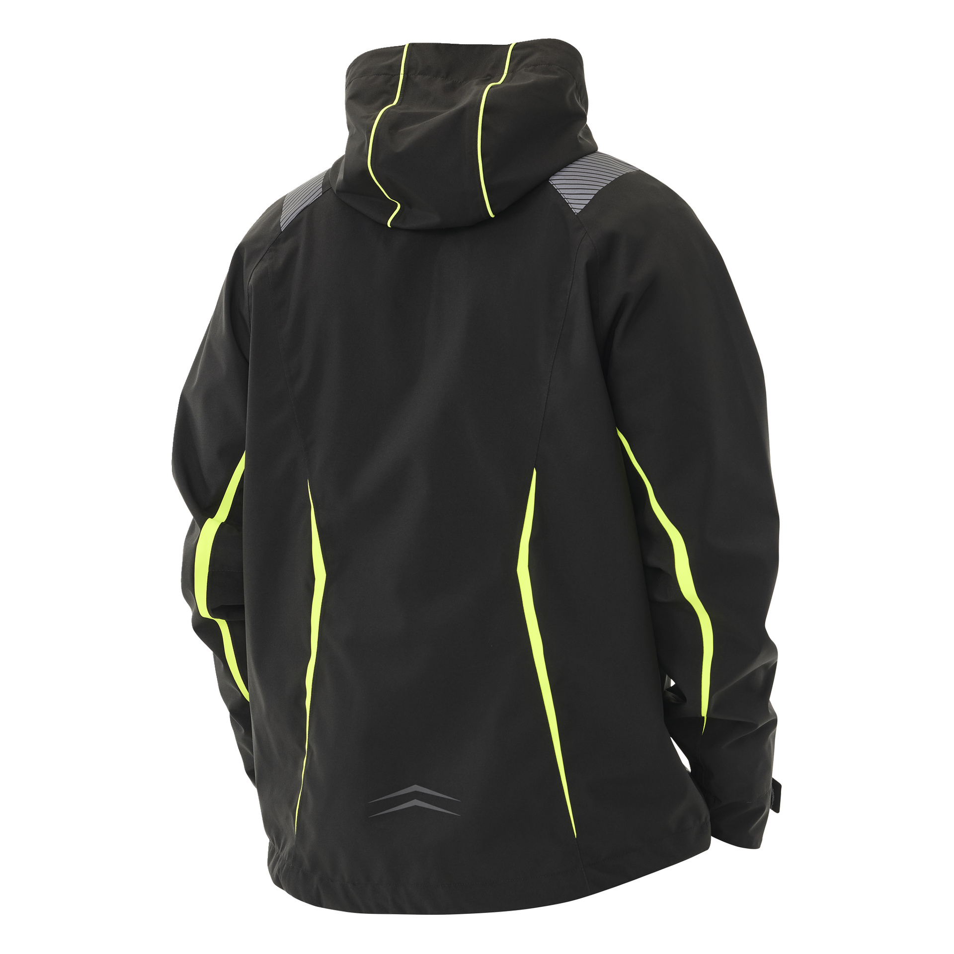 Bluewear Men's stretch shell -takki Richard on esitetty takaa, musta huppu keltaisilla raidoilla sivuilla ja käsivarsissa sekä heijastavia harmaita yksityiskohtia hartioissa ja alaselässä.