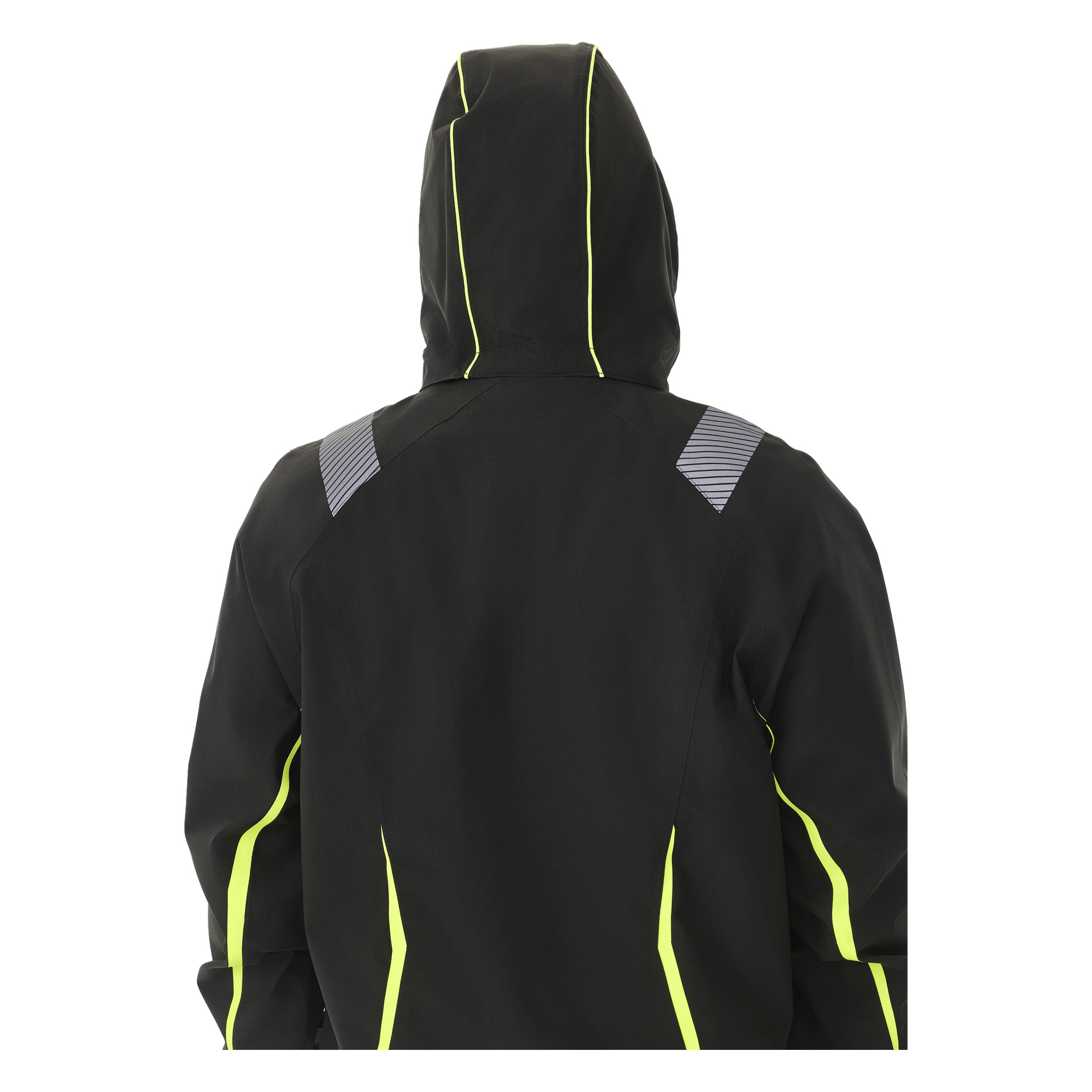 Sett bakifrån bär personen Bluewear Men's Richard stretch shell-jacka – svart med neongula detaljer och reflekterande grå detaljer på axlarna.