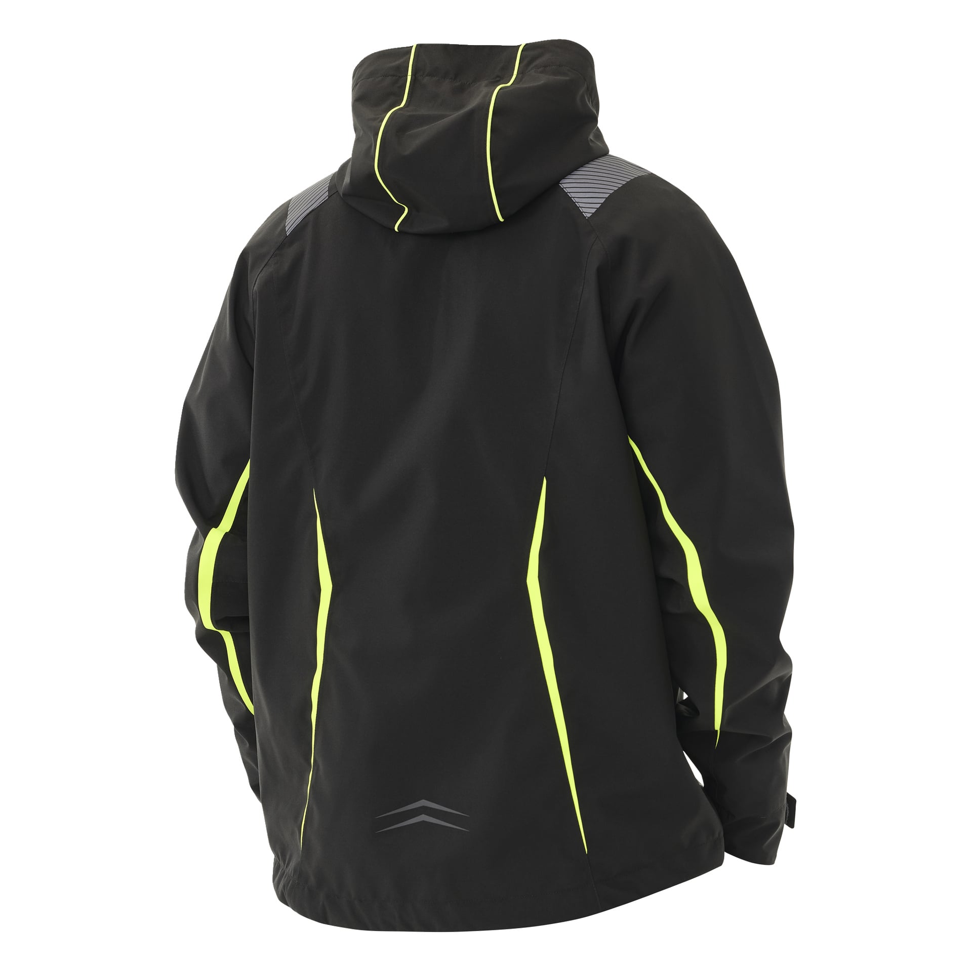 Bluewears Richard herrjacka med stretch-shell har en svart huva med gula reflekterande ränder som går vertikalt och diagonalt över rygg och ärmar, samt extra reflekterande detaljer nära axlar och nedre rygg.