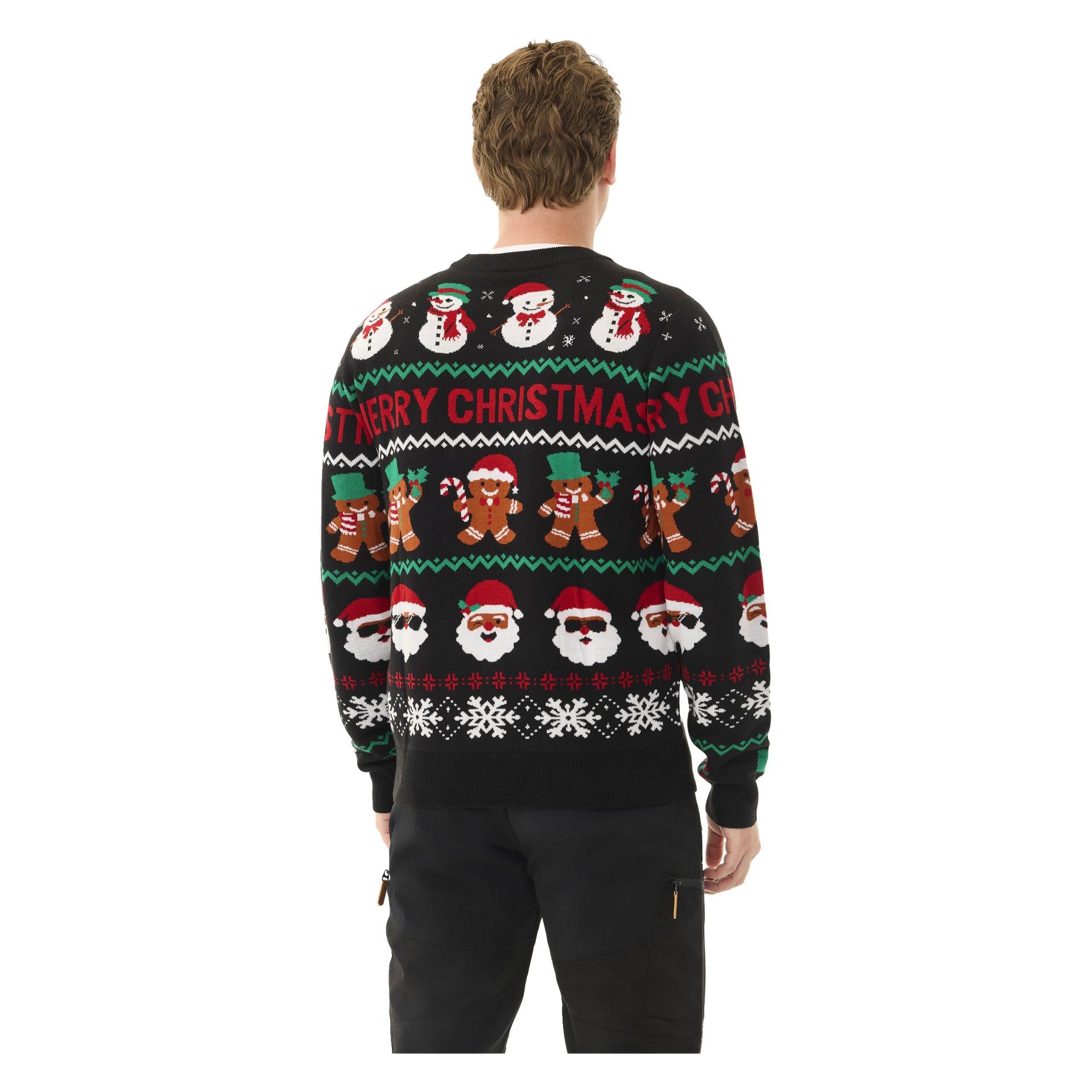 En person ses bakifrån bär Bluewear-jultröjan, som är svart och visar "God Jul" tillsammans med dekorativa mönster av snögubbar, pepparkaksmänniskor, tomteansikten, snöflingor och polkagrisar.