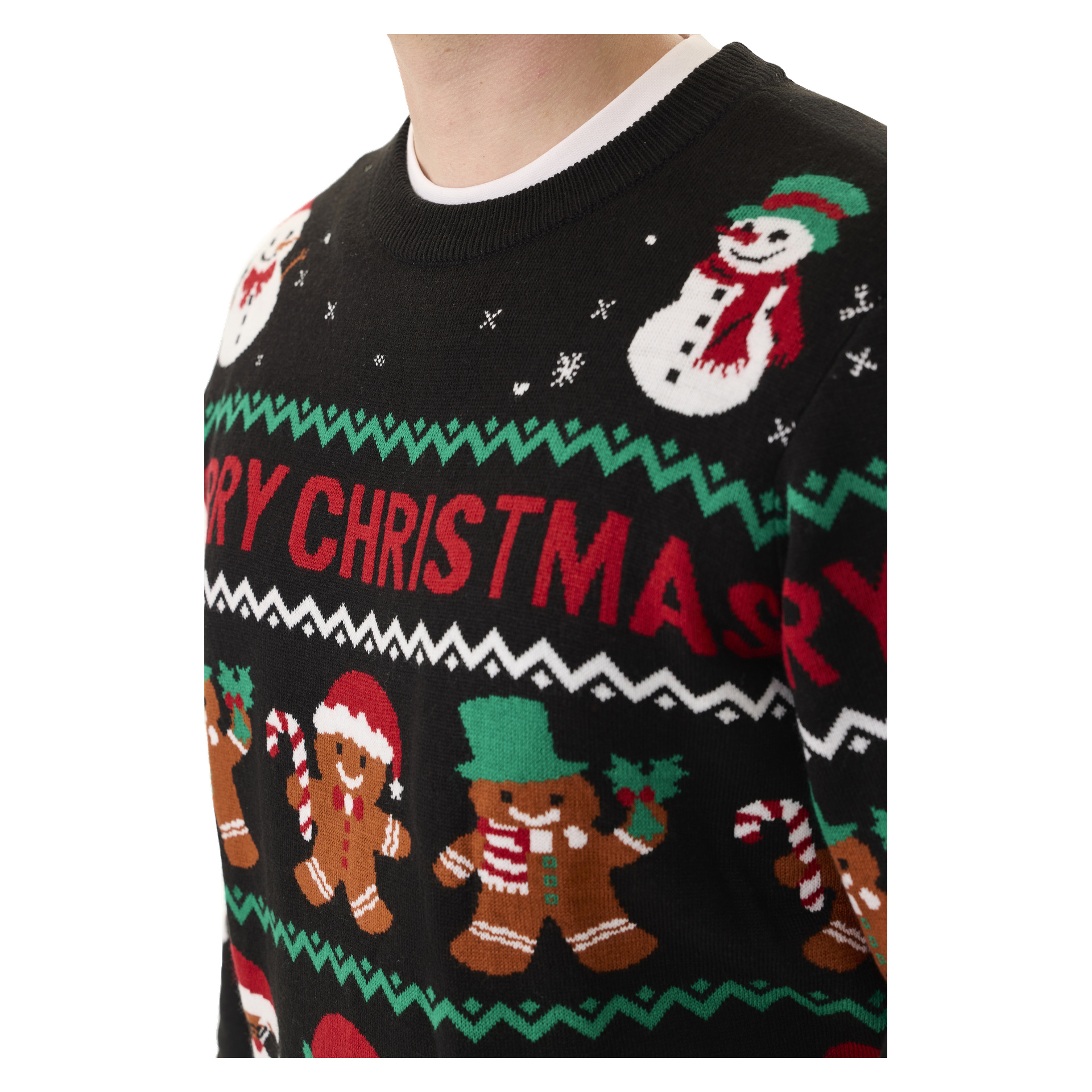 Osoba ma na sobie czarną świąteczną bluzkę Bluewear z bałwanami, piernikowymi postaciami, laskami cukrowymi oraz świątecznym napisem "Merry Christmas" w czerwieni i zieleni. Pokazane są tylko górne części tułowia i szyi.