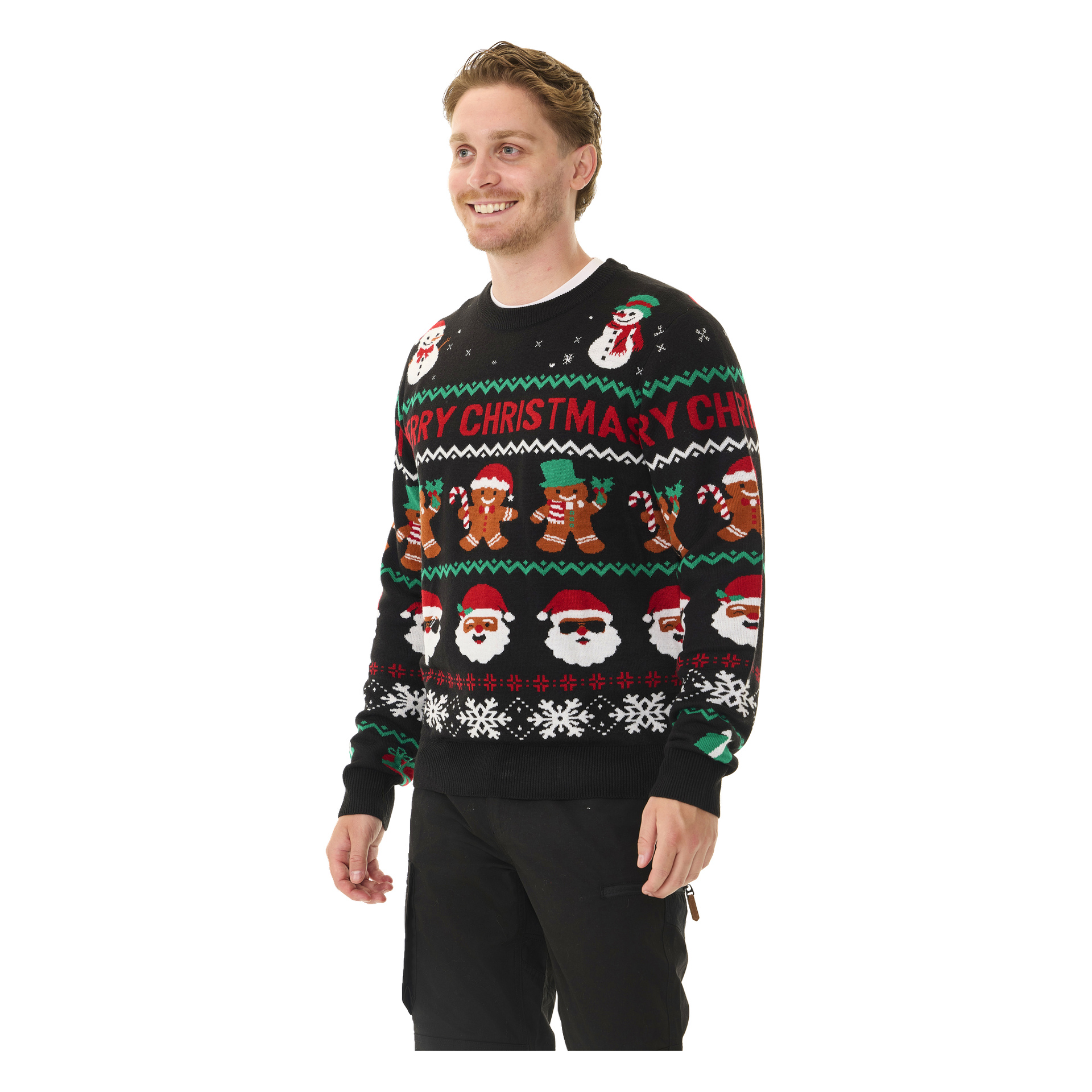 En leende man med ljust hår och vältrimmat skägg bär Bluewear-jultoppen, en svart tröja dekorerad med festliga mönster som tomteansikten, snöflingor, pepparkaksgubbar och snögubbar, samt "God Jul" över bröstet.