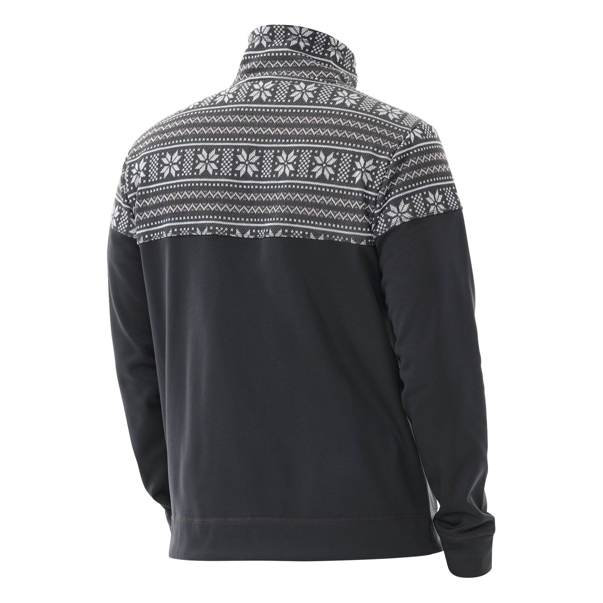 Baksiden av Kayoba Outdoor Men's Valbo midt-lags genser vises i svart, med et dekorativt panel med hvite og grå geometriske og snøfnuggmønstre over skuldre og krage, kontrastert av en enkel svart nedre del.