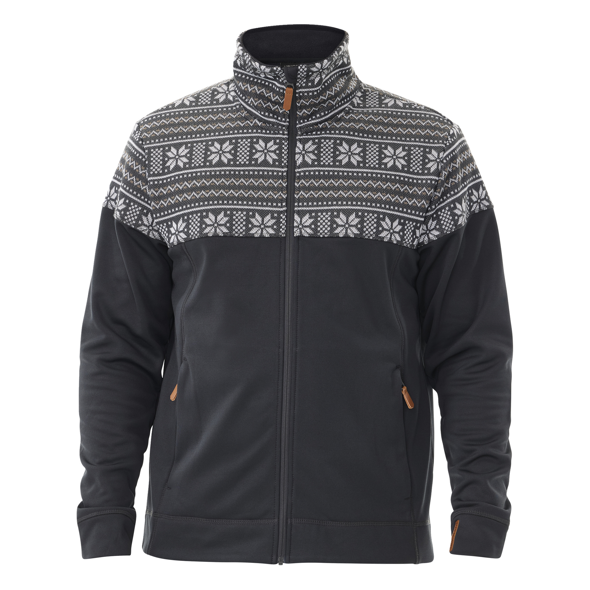 Kayoba Outdoor Men's Valbo mellomlags genser er en svart glidelåsjakke med høy krage. Den viser hvite og grå geometriske og snøfnuggmønstre over bryst, skuldre og overarmer. Jakken har to sidelommer, hver med brun glidelås.
