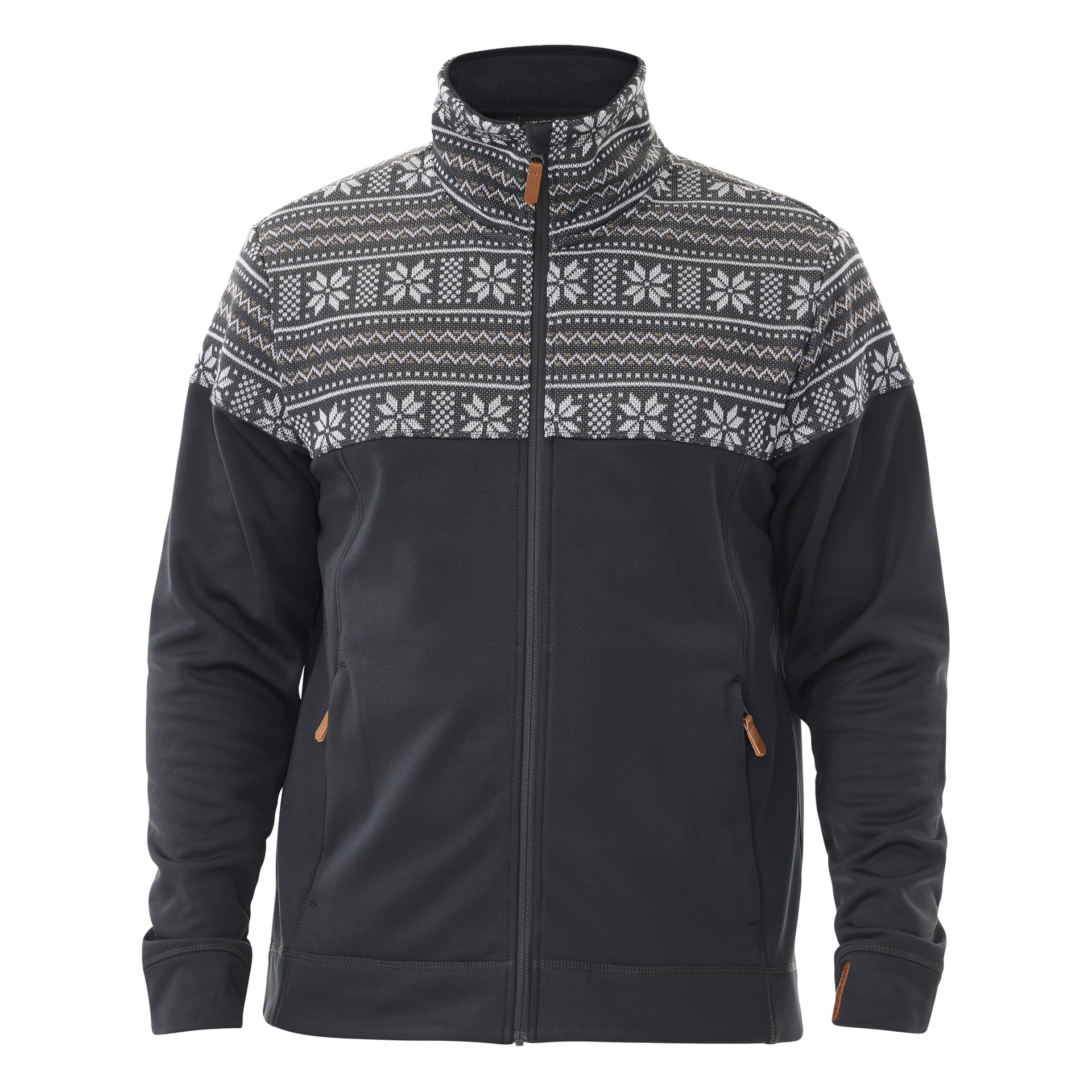 Kayoba Outdoor Men's Valbo mellomlags genser er en svart glidelåsjakke med høy krage. Den viser hvite og grå geometriske og snøfnuggmønstre over bryst, skuldre og overarmer. Jakken har to sidelommer, hver med brun glidelås.