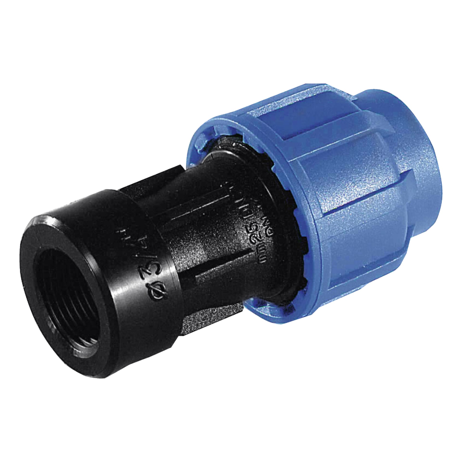 Złącze PEM Curaqua składające się z czarnego złącza gwintowanego z niebieskim plastikowym naciągiem i oznaczeniami o średnicy 3/4" i 25 mm.