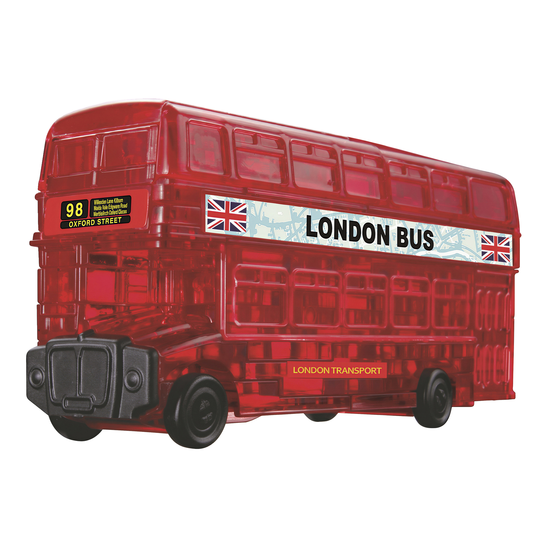 Punainen läpinäkyvä muovinen Crystal-palapeli Robetoylta, jossa oli "London Bus" -tarra, Union Jack -lippu, reittinumero 98 Oxford Streetille edessä ja "London Transport" -merkintä pohjassa.