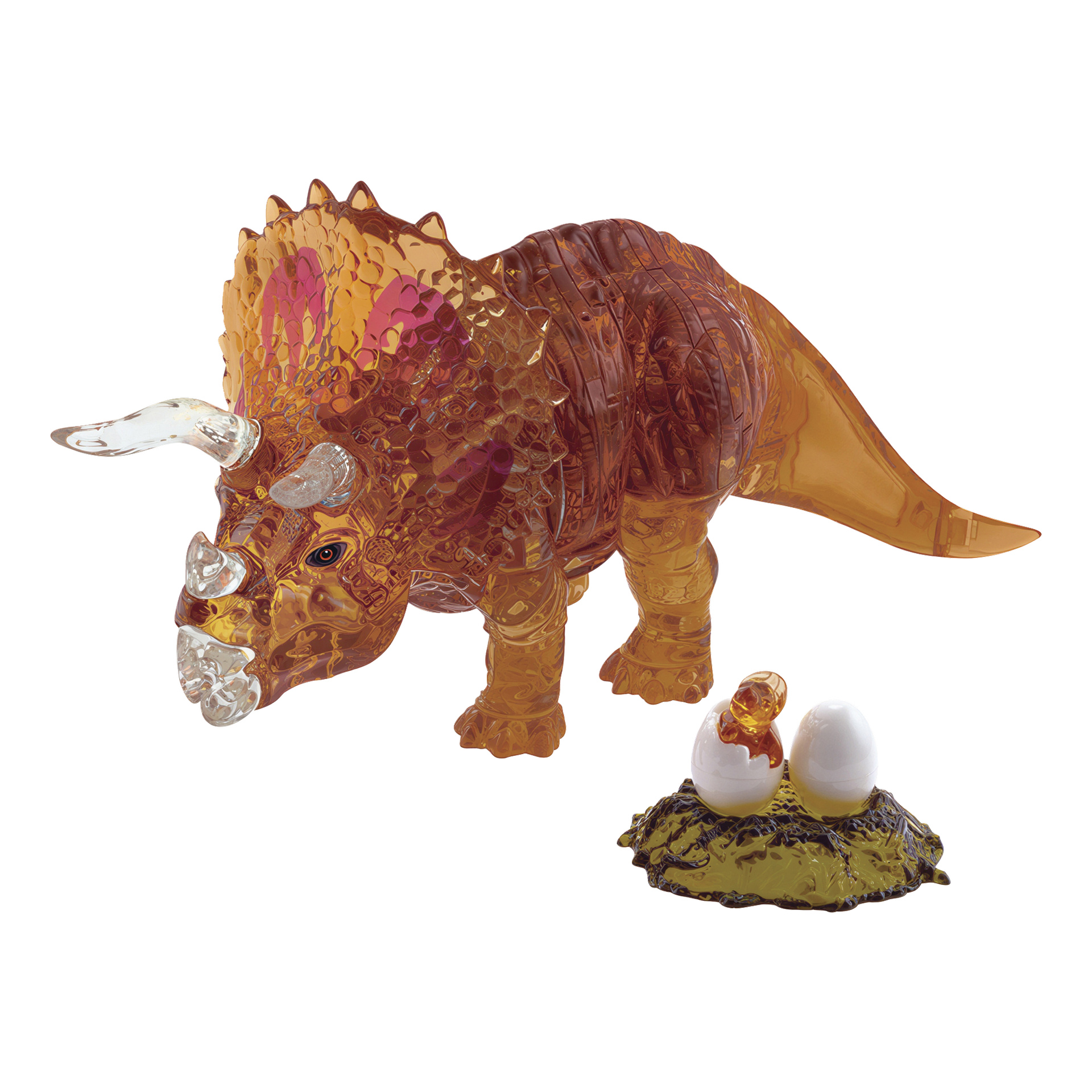 Läpikuultava oranssi triceratops Crystal -palapeli, jonka on tehnyt Robetoy, hopeiset sarvet, seisoo pesän vieressä, jossa on yksi muna, jossa on kuoriutumassa dinosauruksen poikanen, ja toinen kuoriutumaton muna.