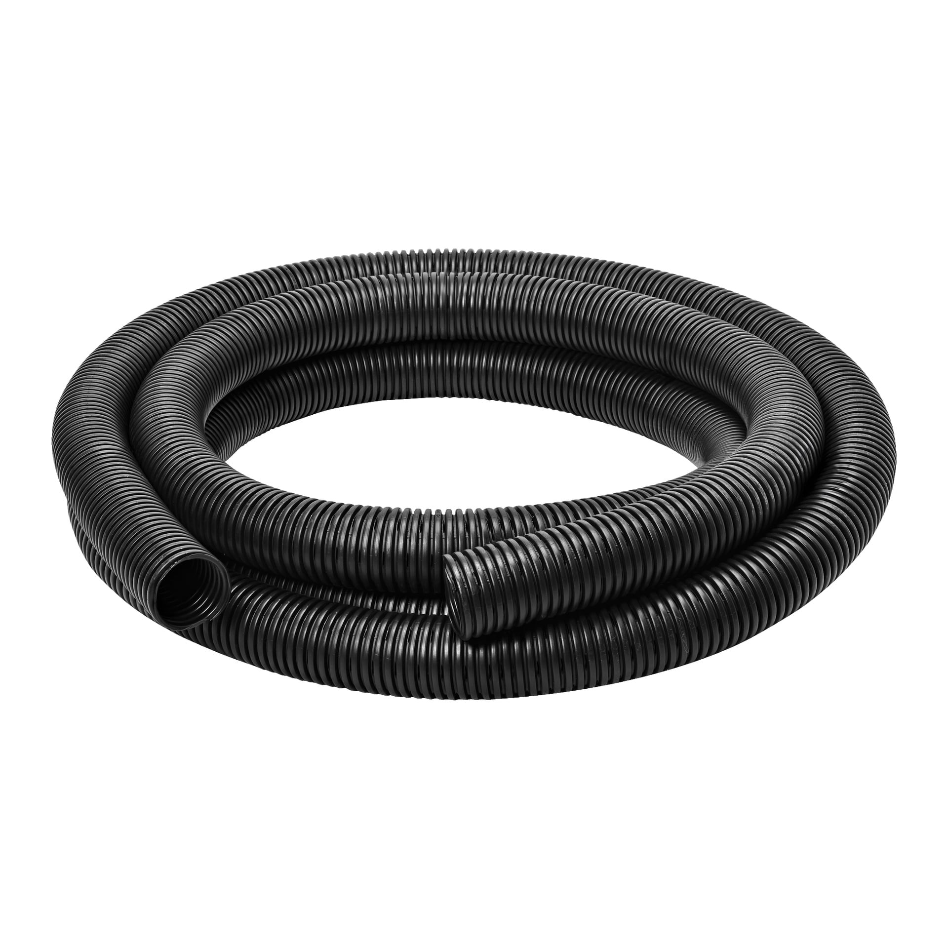En Terana Drain-slange med et fleksibelt, svart bølgeblikkdesign og tydelige riller langs lengden. Begge ender av slangen er åpne.