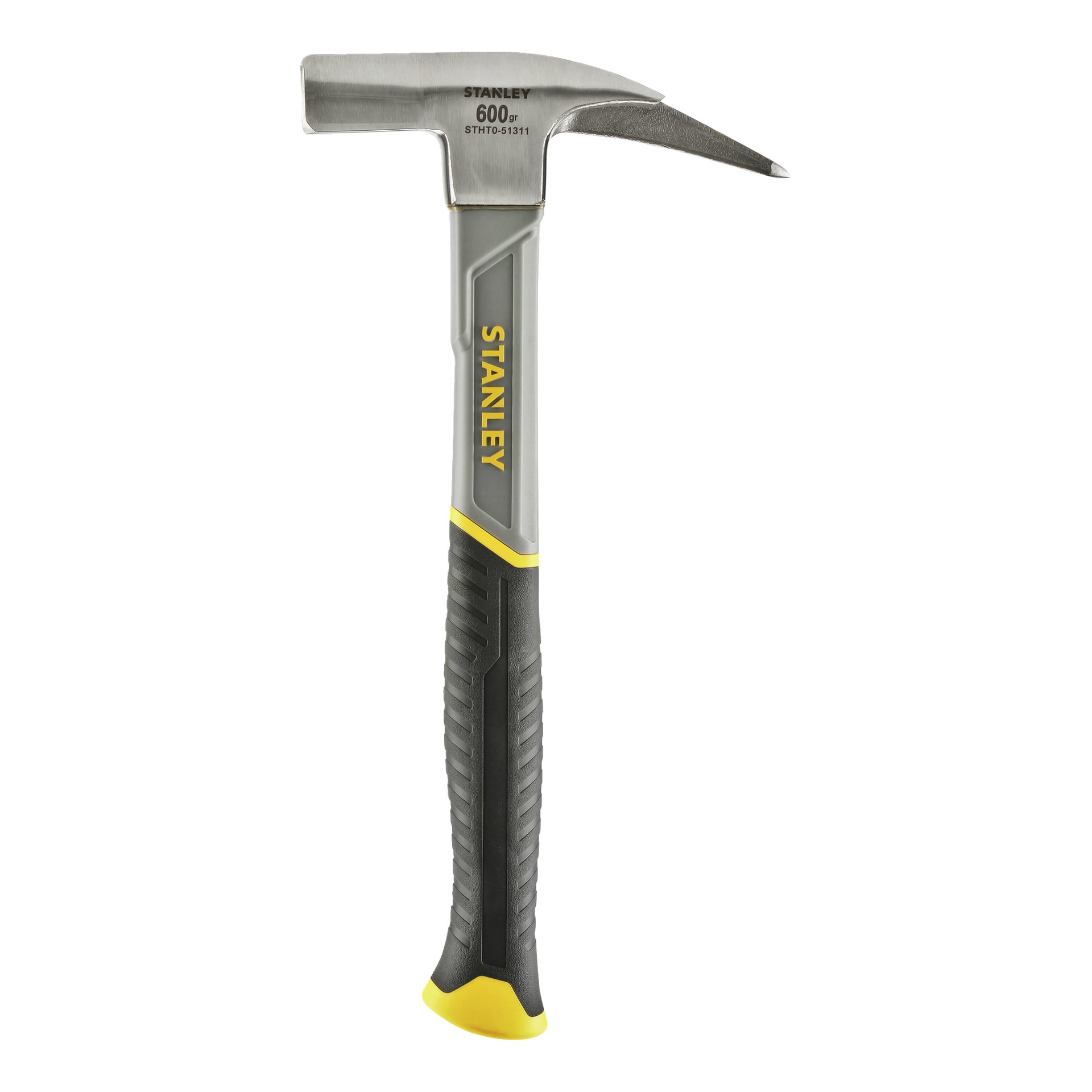 Stanley Dachhammer (Modell STHT0-51311) mit einem schwarz-gelben Gummigriff, einem flachen Hammerkopf an einem Ende und einer spitzen Meißelspitze am anderen; Der metallische 600-g-Zylinderkopf zeigt sowohl das Gewicht als auch die Modellnummer an.