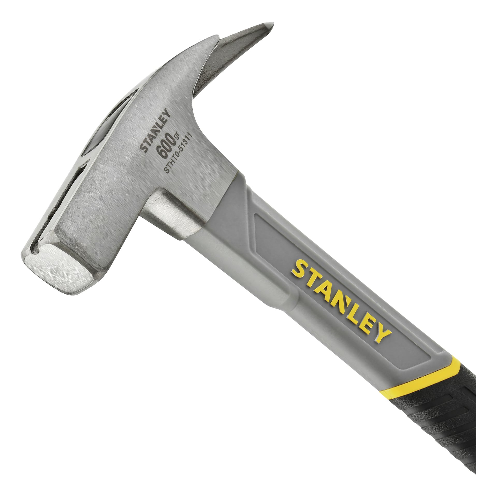 Eine Nahaufnahme eines silbernen Stanley-Dachhammers, Modell STHT0-51311, mit einem grauen und schwarzen Griff. Der Name STANLEY erscheint gelb auf dem Griff und ist ebenfalls auf dem Metallkopf eingraviert.