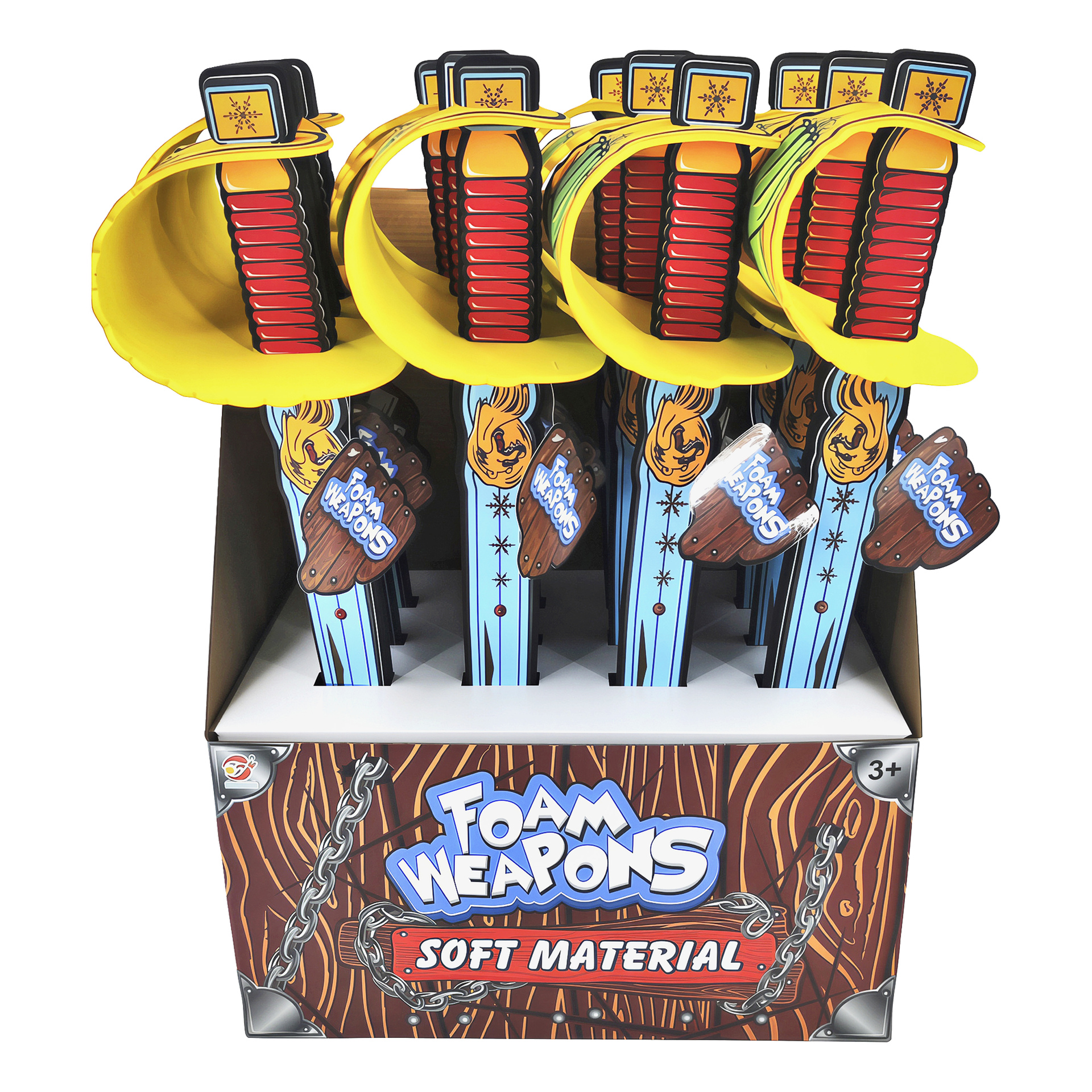 Robetoysin laatikossa, jossa lukee "Vaahtomerirosvomiekka", on leikkimiekkoja, joissa on keltaiset cowboy-hatut kahvoina. Miekat ovat pääasiassa sinisiä, joissa on punaisia ja ruskeita yksityiskohtia, ja ne on merkitty vähintään 3-vuotiaille lapsille.