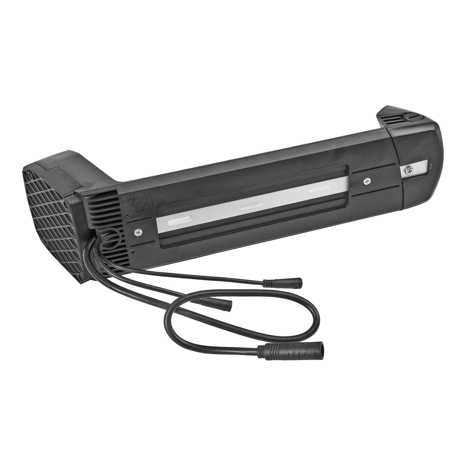 Ett svart rektangulärt batteripaket märkt "Display, elcykel" visas, med en ventilerad ände, en metallmonteringsplatta, ett lås och två kablar som sträcker sig från ena sidan.