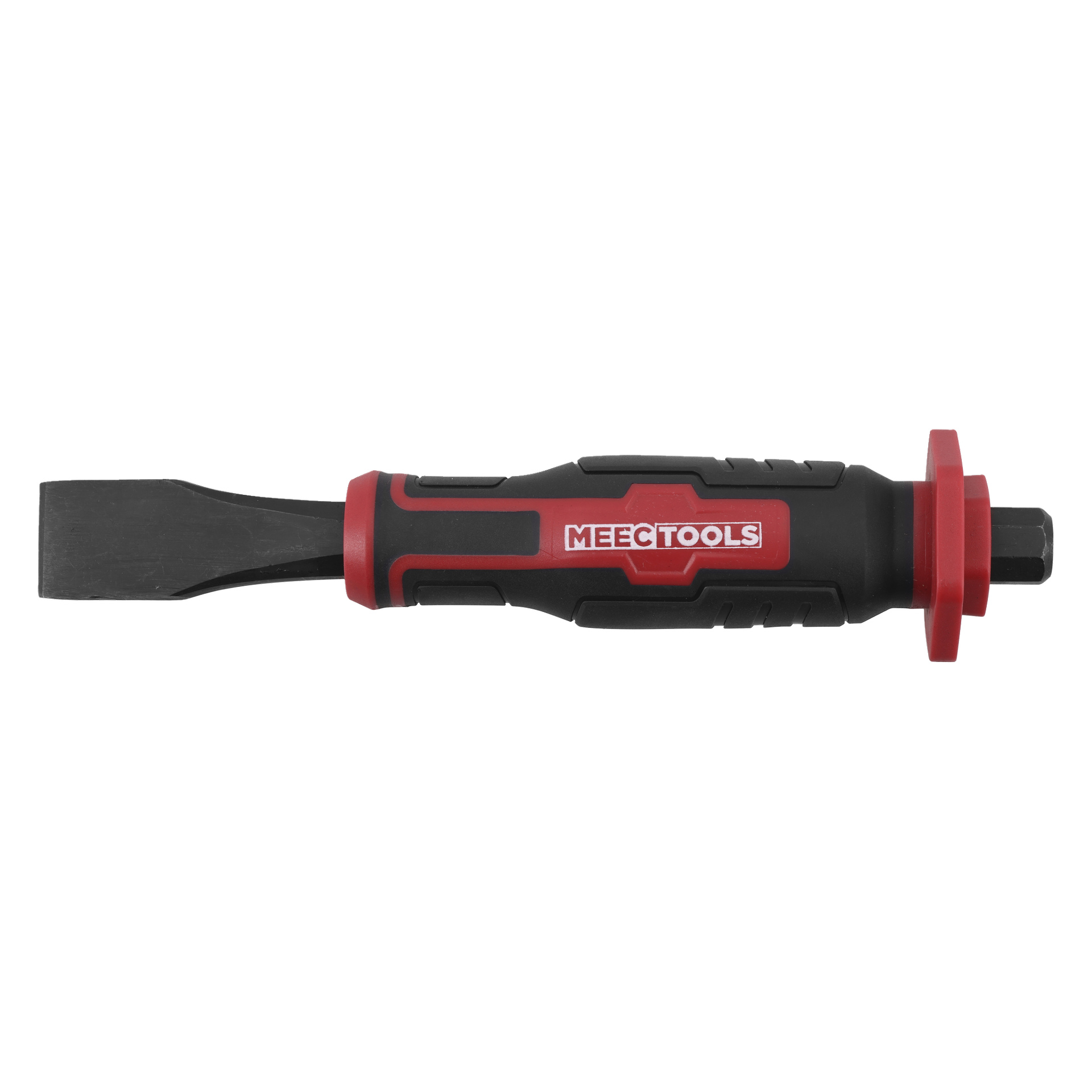 En kallmejsel från Meec Tools i svart och rött, med ett platt metallblad och ett robust, format handtag för säkert grepp och hållbarhet. Handtaget visar varumärket i vitt.