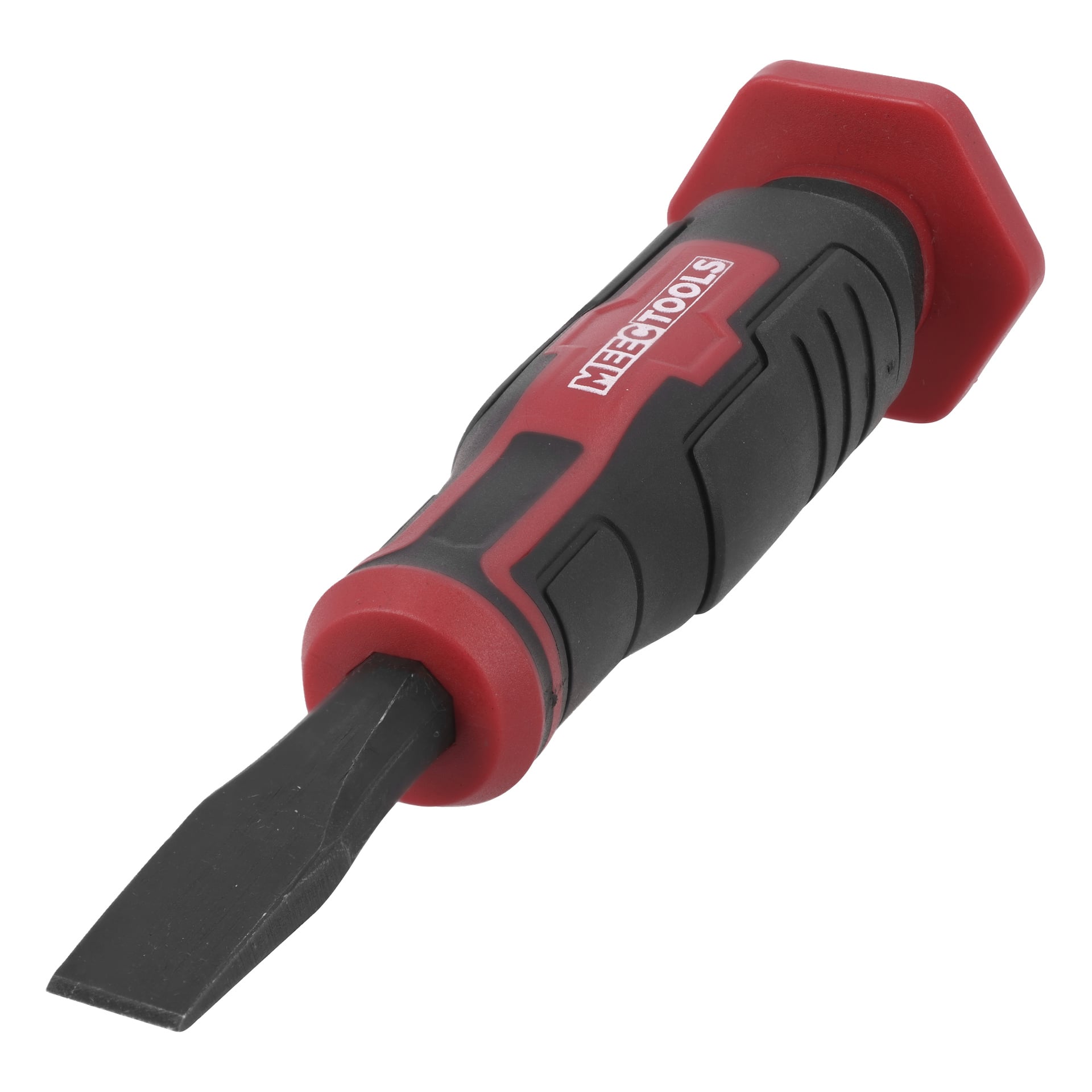 En platt kallmejsel från Meec Tools med ett svart metallblad och ett handtag med svart och rött gummigrepp.