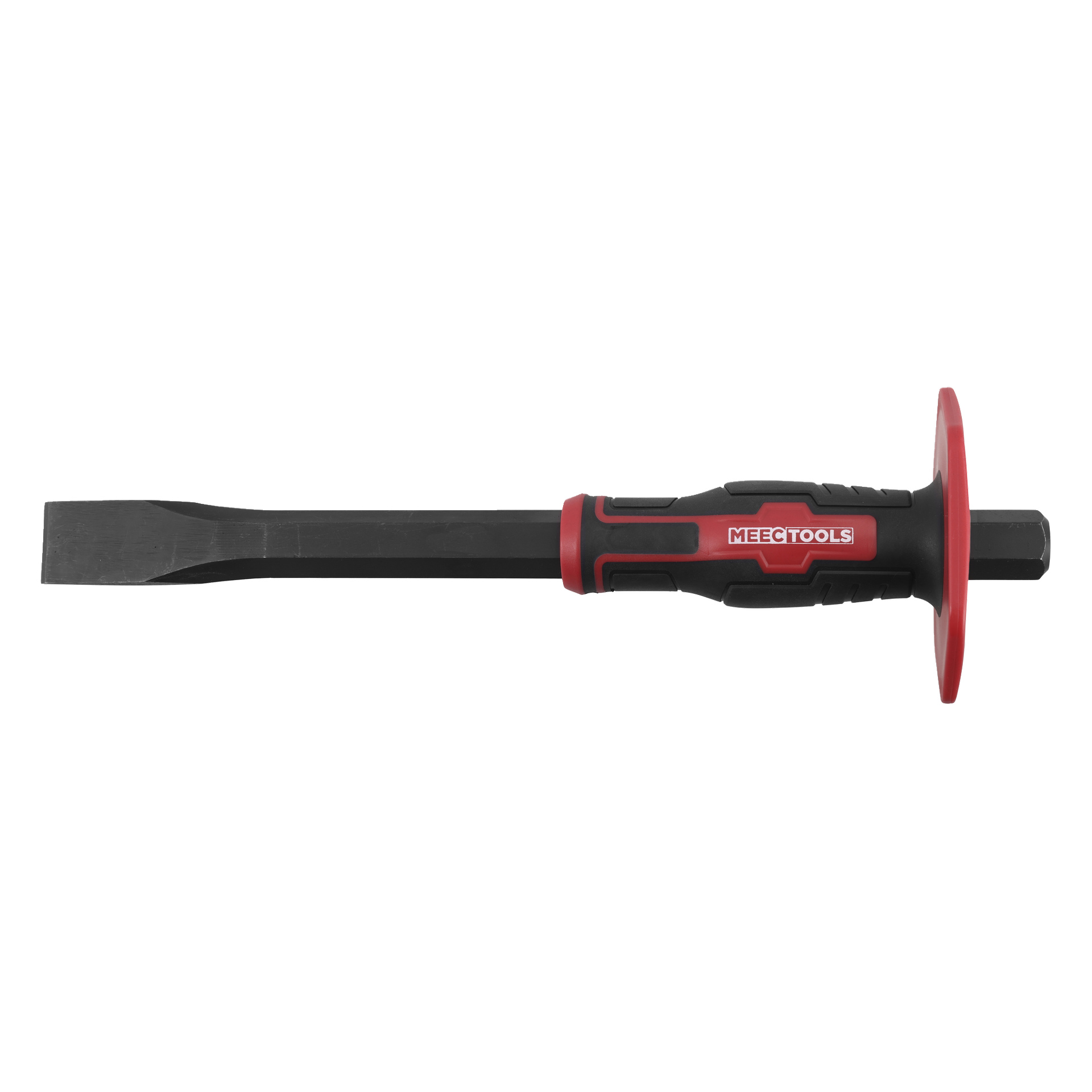 En platt kallmejsel med svart metallblad, designad med ett ergonomiskt handtag i svart och rött som inkluderar ett runt handskydd. Meec Tools-logotypen syns i vit text på en röd sektion av handtaget.