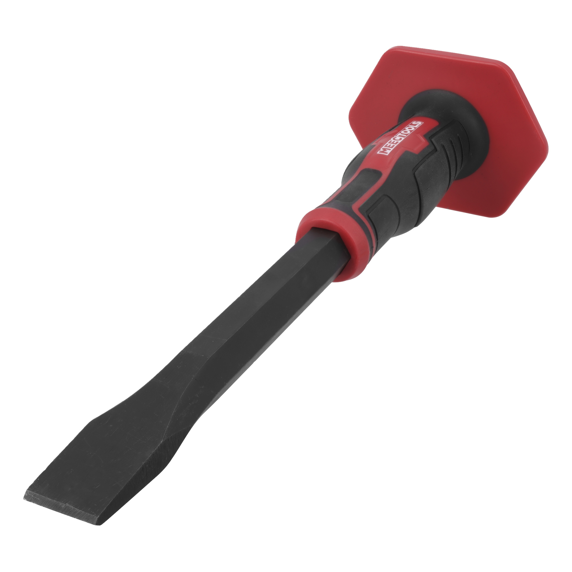 En Meec Tools kallmejsel med ett platt, vinklad blad i svart metall, lämplig för att skära eller forma metall eller sten. Verktyget har ett rött och svart gummihandtag som säkerställer ett fast grepp och inkluderar ett rött handskydd för extra skydd.