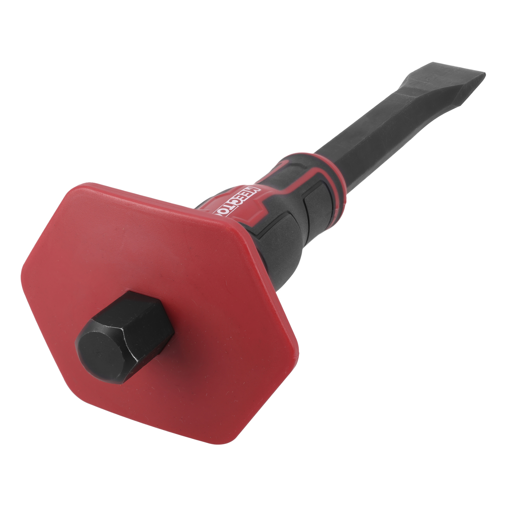 En kallmejsel från Meec Tools med svart blad och röd hexagonala handskydd visas. Mejseln har en platt, fasad skäregg och ett särskilt greppområde för säkrare hantering.