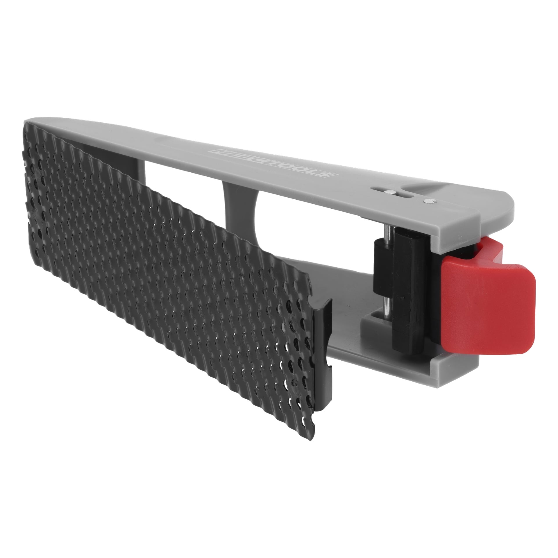 Meec Tools Gipsskiva Rasp är ett verktyg tillverkat av grå plast och metall med ett svart perforerat blad och en justerbar röd knopp, avsedd för att slipa eller forma material.