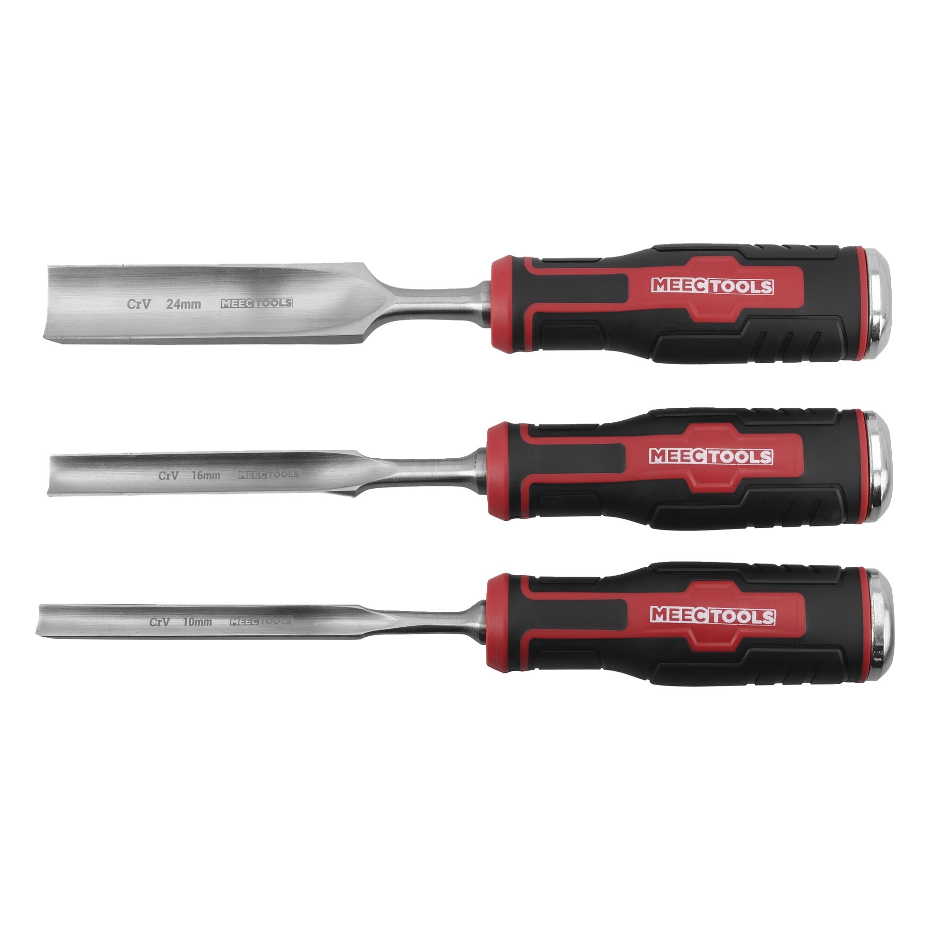 Tre Meec Tools-skämtor av varierande bredd (24 mm, 16 mm och 10 mm) med metallblad och svart-röda handtag märkta med Meec Tools-märket, utlagda horisontellt i en rad.