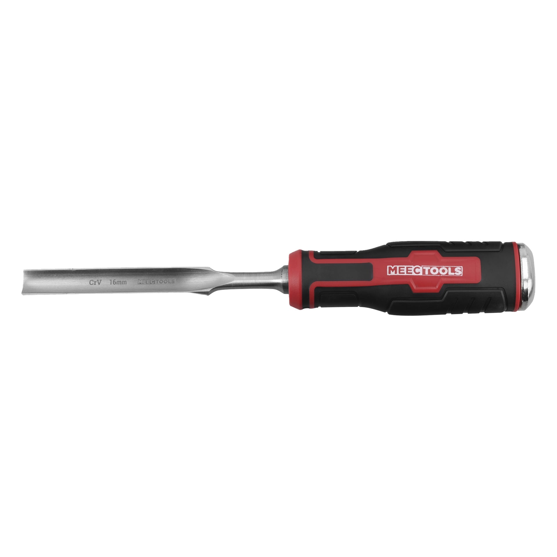 En metallmejsel från Meec Tools Gouge-setet (3 delar) med ett svart och rött handtag märkt "MEECTOOLS." Bladet bär märkningen "CV17 16mm" och verktyget ligger horisontellt med bladet vänt åt vänster.