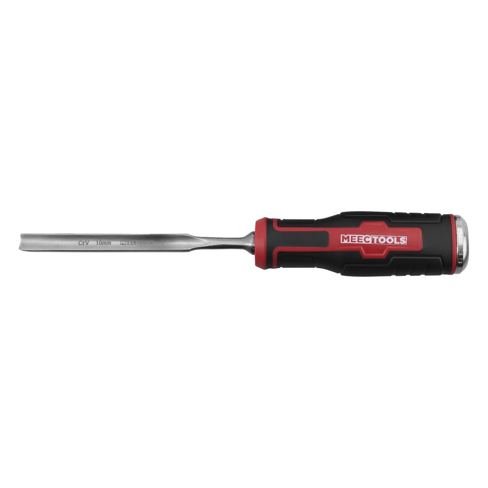 Tre Meec Tools-hål med böjda stålblad och ergonomiska handtag i svart och rött.
