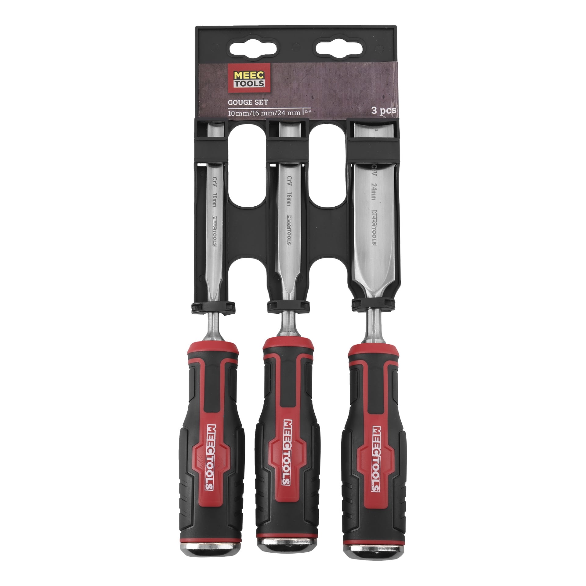 Ett set med tre Meec Tools-mejslar från det tredelade Gouge-setet visas i genomskinlig plastförpackning. Varje mejsel har ett svart och rött handtag, och de inföljande storlekarna är 10 mm, 16 mm och 24 mm enligt etikettens översta storlek.