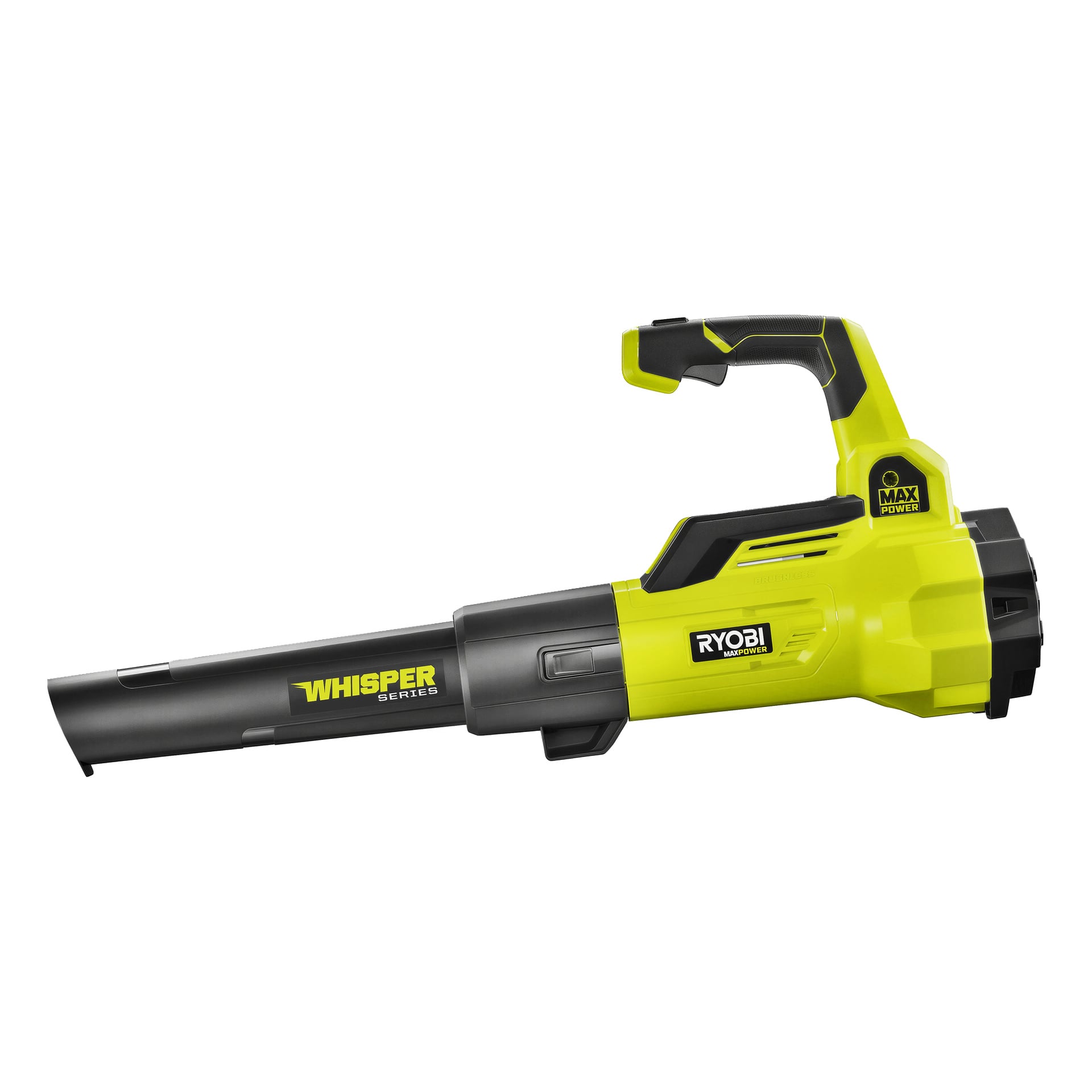 Kelta-musta Ryobi Max Power RY36BLXA-0 johdoton lehtipuhallin, jossa on musta suutin ja ergonominen kahva. Työkalun sivulla on "Max Power" -tarra sekä merkin ja mallin tiedot.