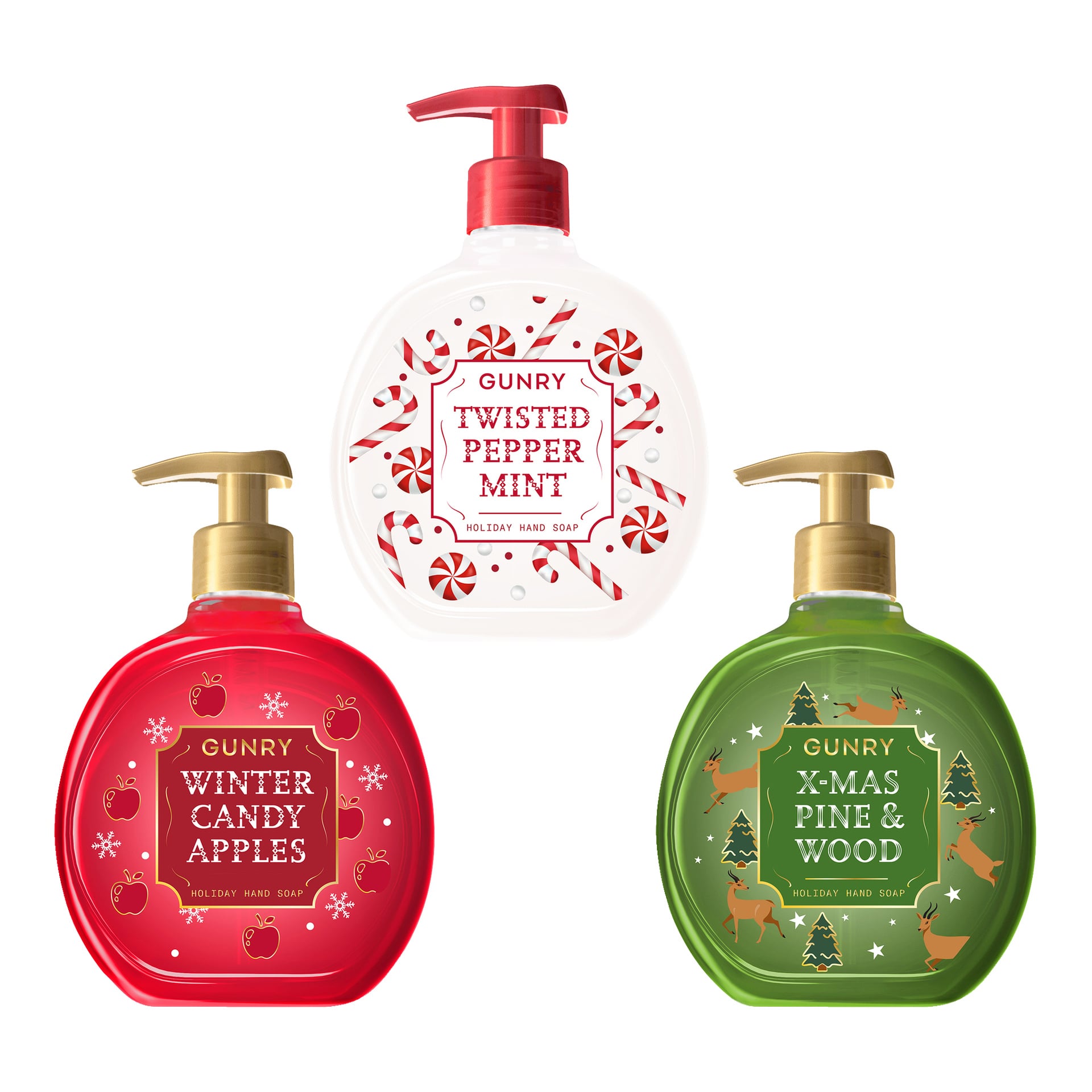 Tre Gunry jultvålflaskor visas: Twisted Peppermint med röd pump, Winter Candy Apples i en röd flaska med guldpump, och X-Mas Pine & Wood i en grön flaska med guldpump. De två sistnämnda har festliga dekorationer på sina etiketter.