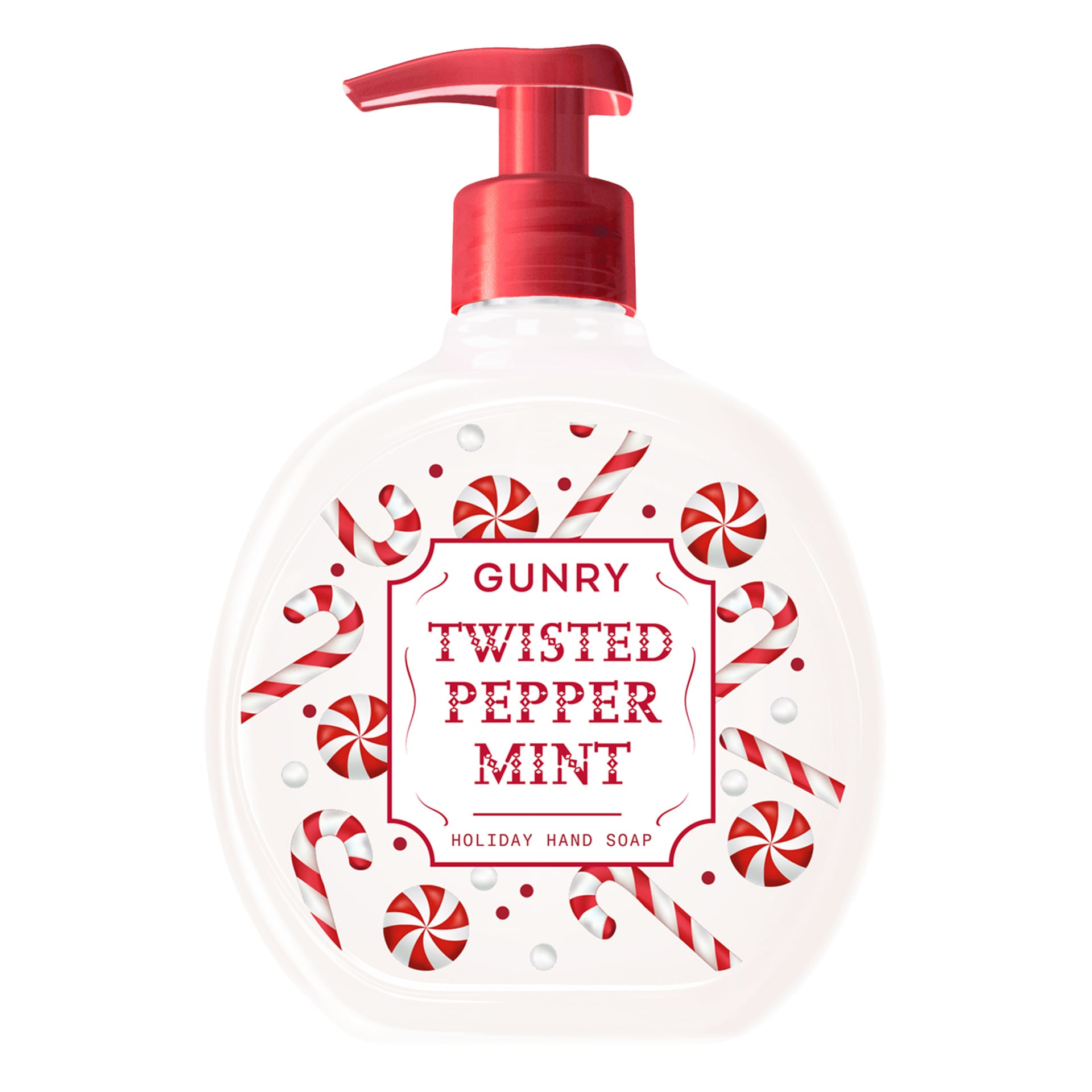 En flaska Gunry jultvål med röd pump, med en etikett prydd med röd text och illustrationer av polkagrisar och pepparmyntsgodis.