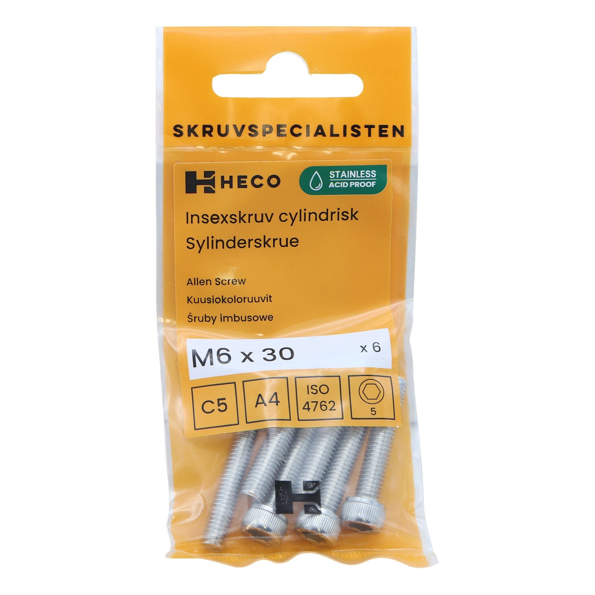 Ett SKRUVSPECIALISTEN-paket rymmer sex Heco-maskinskruvar med sexkantade hylsor (M6 x 30, rostfritt stål). Påsen visar produktinformation, storleksspecifikationer, standarder och ikoner som visar att skruvarna är rostfria och syrabeständiga.