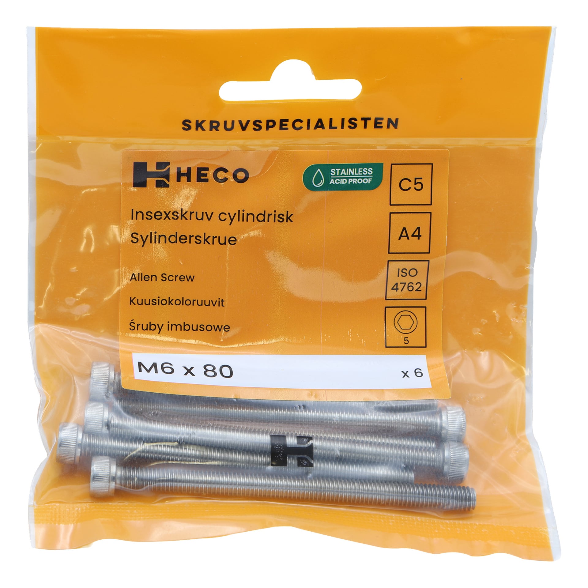 Kuuden Heco Machine -ruuvin pakkaus, jossa on kuusiokolokiinnit, on esillä kirkkaan ja oranssin muovipussin sisällä, jossa on erilaisia tuotetietoja ja etikettejä.