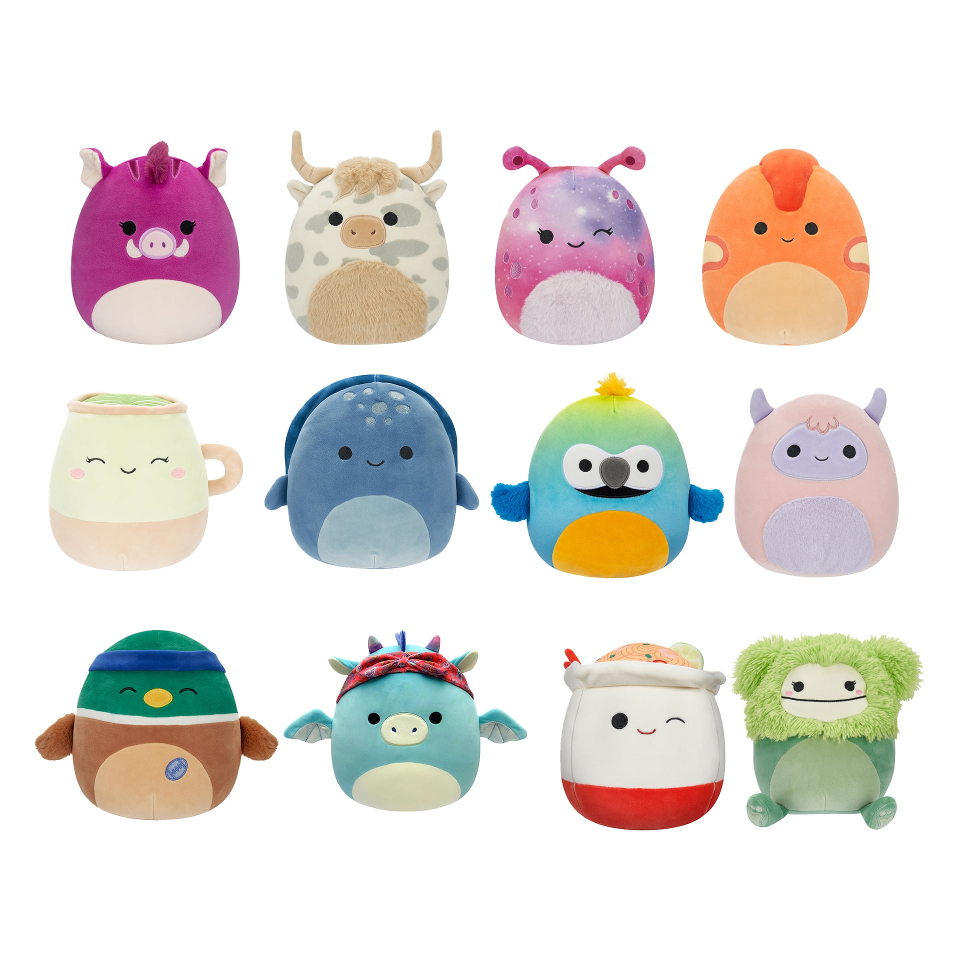 Kaksitoista superpehmeää Squishmallows-pehmolelua on esillä kolmessa rivissä, joista jokainen esittelee eläviä värejä ja luovia kuvioita, jotka ovat saaneet inspiraationsa eläimistä ja fantasiaeläimistä. Jokaisella pehmolelulla on ainutlaatuinen kasvot, muoto ja erityispiirteet, kuten sarvet, korvat tai siivet.