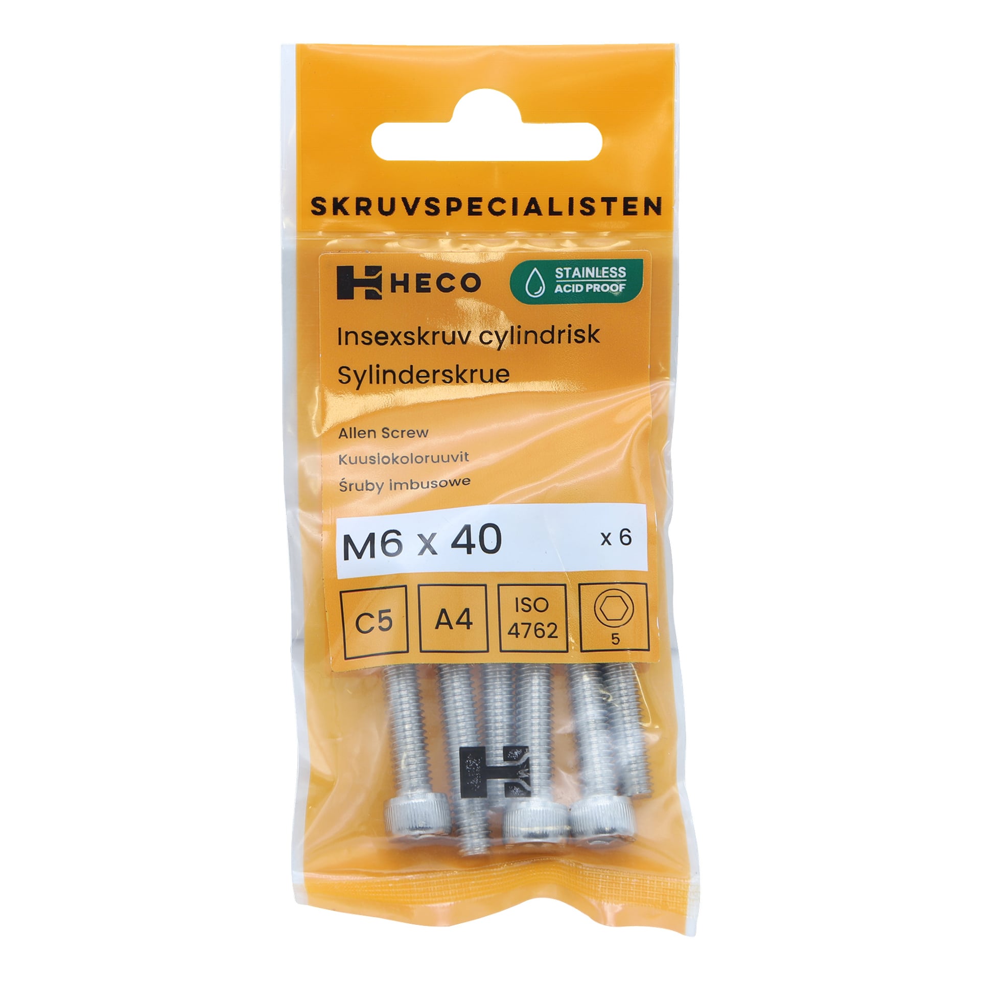 Kuusi Heco Machine -ruuvia kuusiokolohylsyillä, kooltaan M6 x 40 mm ruostumattomasta teräksestä, pakattu läpinäkyvään oranssi-valkoiseen pussiin, jossa luki ISO 4762, sekä muuta teknistä tietoa.